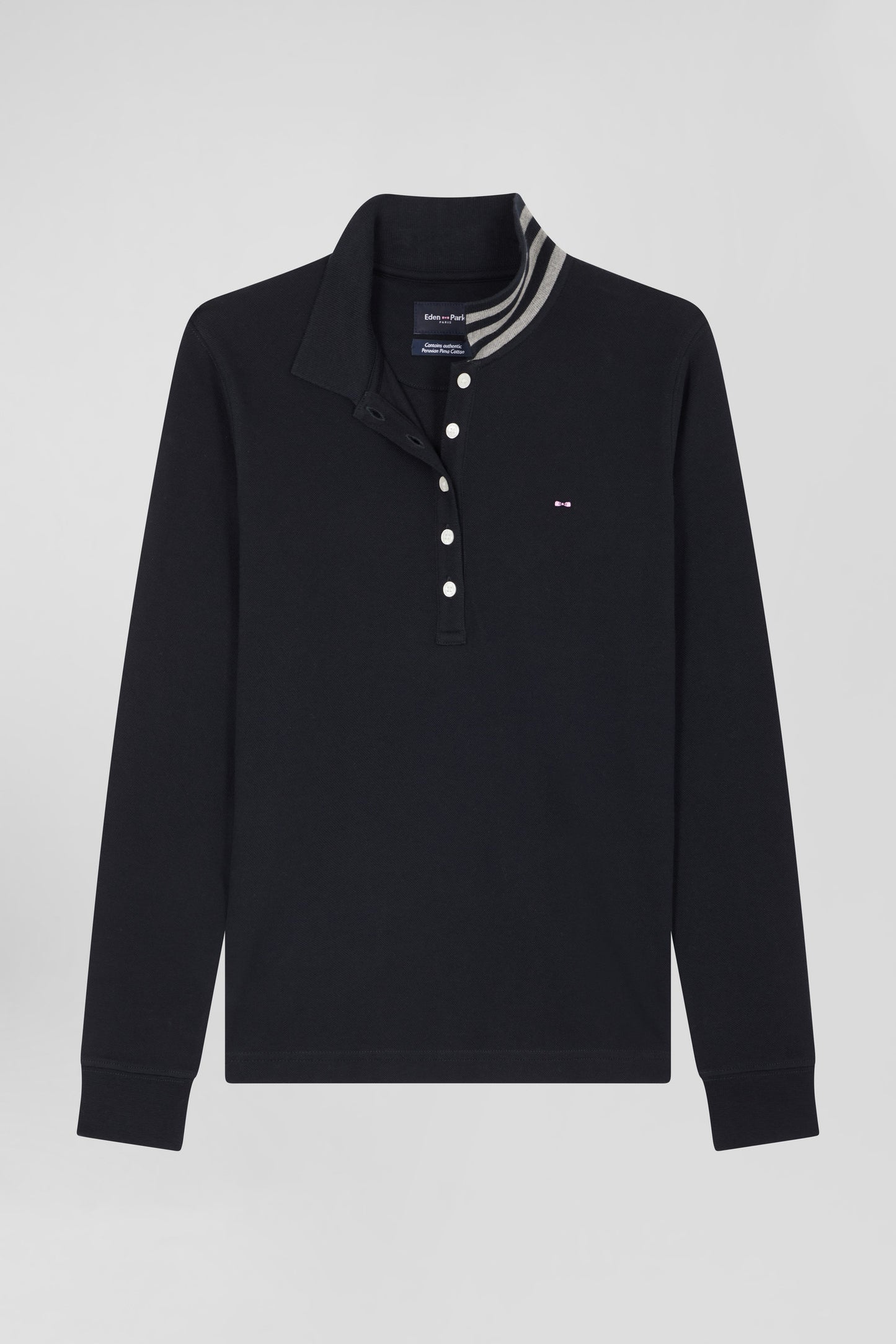Slim black long-sleeved stretch cotton polo shirt with striped collar