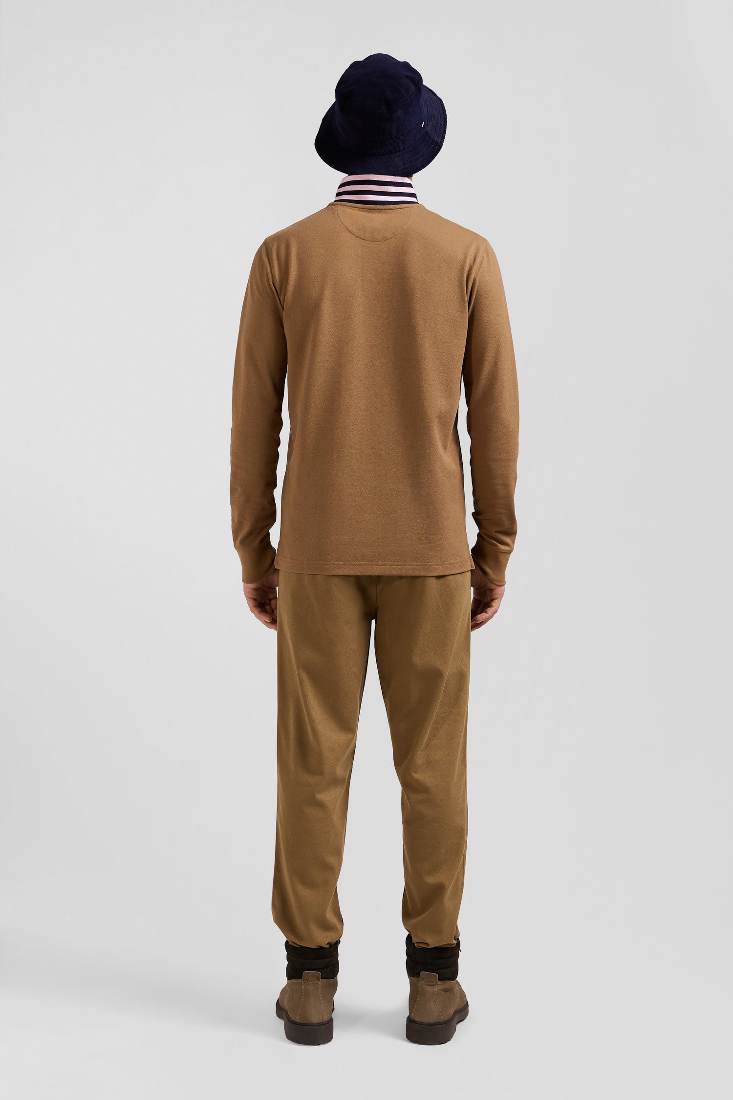 Regular camel long-sleeved cotton piqué polo shirt with striped collar