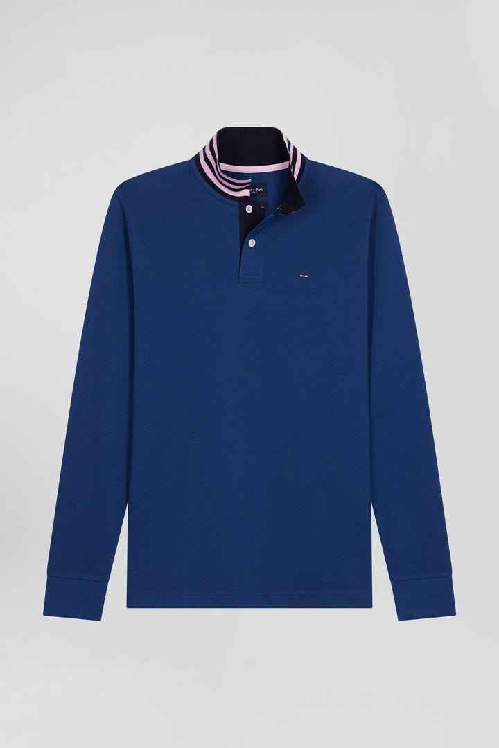 Polo manches longues en piqué coton bleu foncé col cerclé coupe Regular