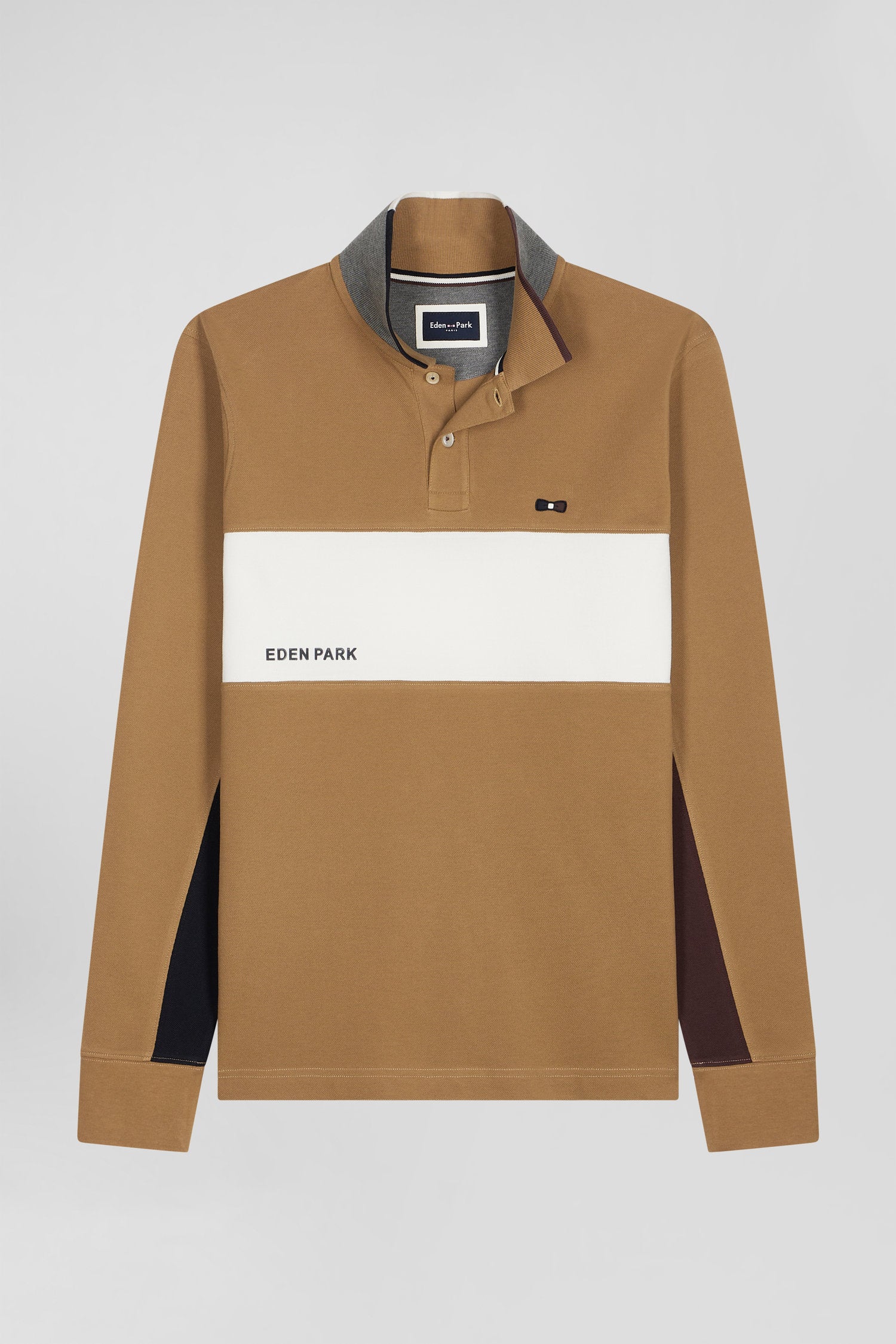 Regular camel colorblock long-sleeved cotton piqué polo shirt