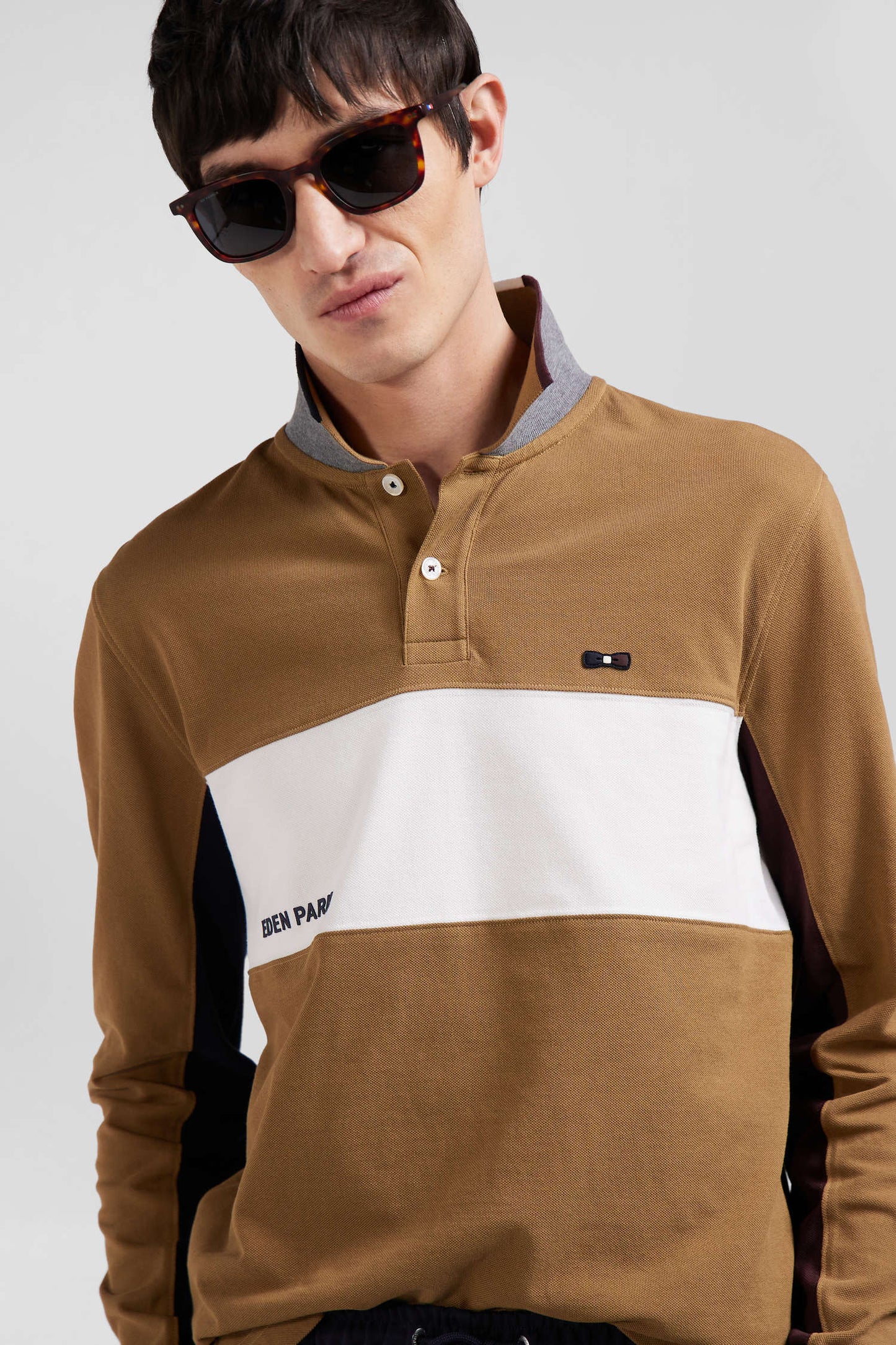 Long-sleeved colorblock polo shirt in hazelnut cotton piqué, regular fit