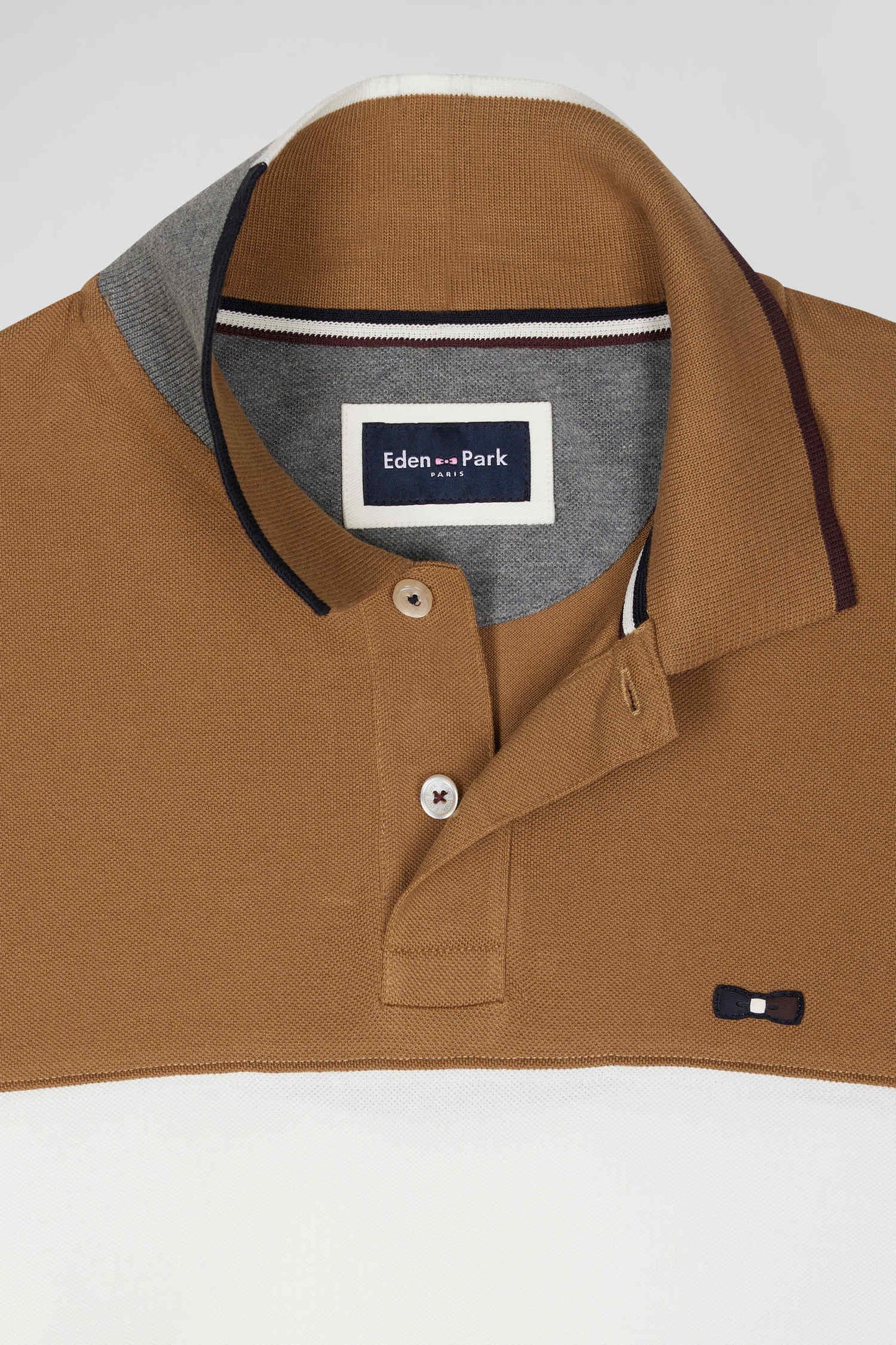 Long-sleeved colorblock polo shirt in hazelnut cotton piqué, regular fit