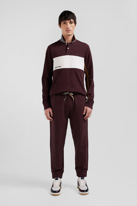 Regular burgundy colorblock long-sleeved cotton piqué polo shirt - Image 1