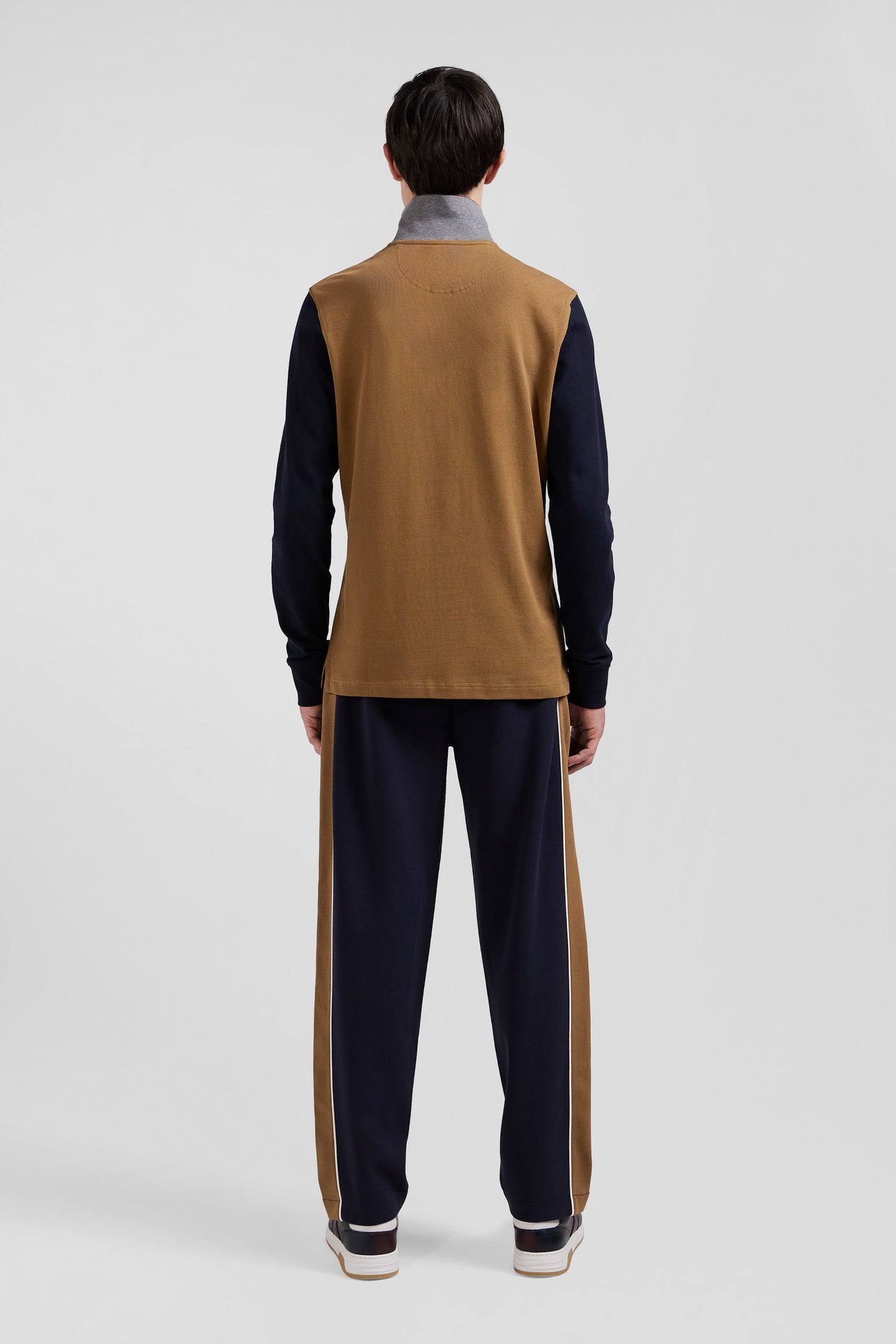 Long-sleeved polo shirt in two-tone cotton piqué with hazelnut jacquard collar Regular fit