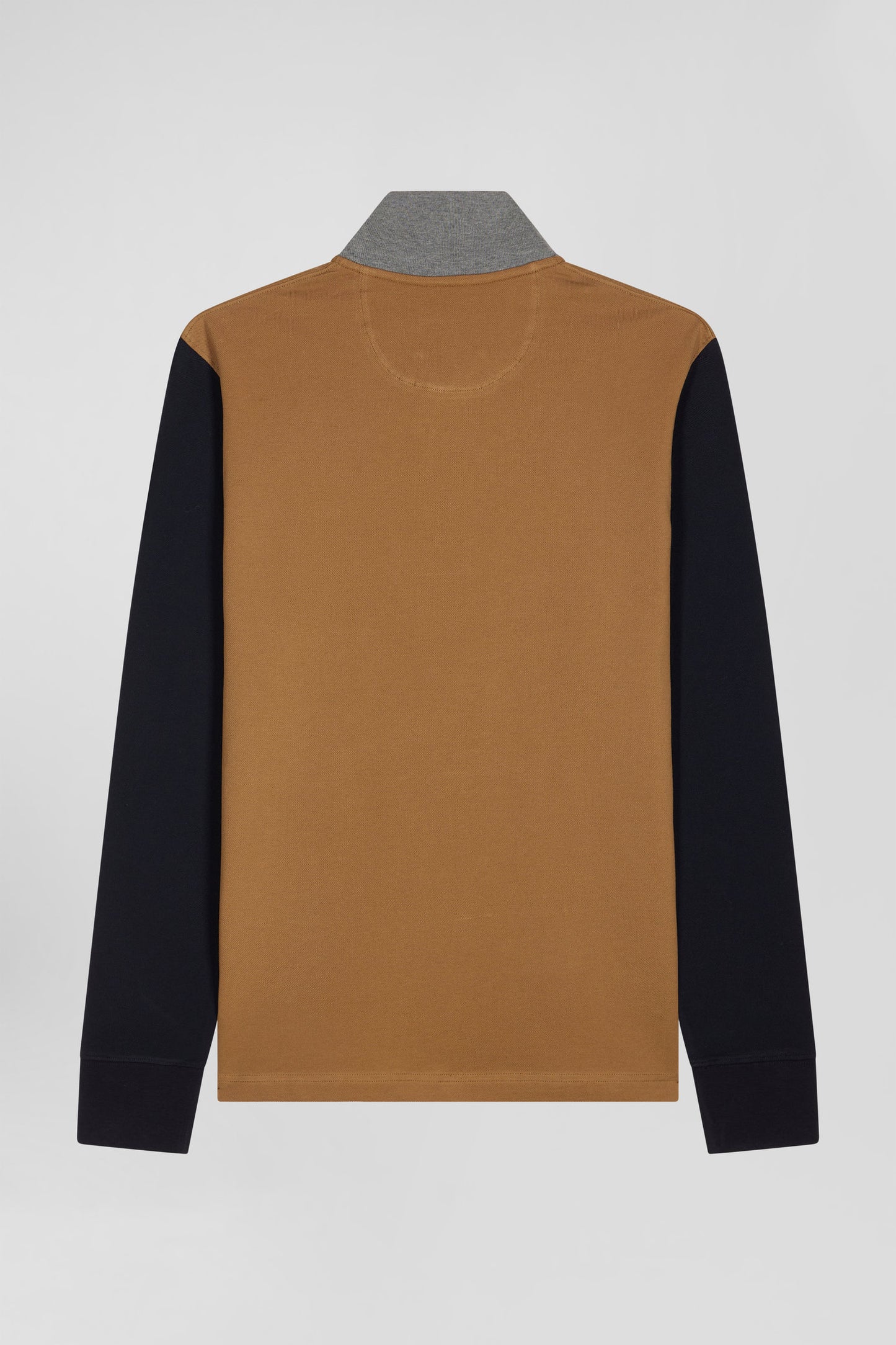 Long-sleeved polo shirt in two-tone cotton piqué with hazelnut jacquard collar Regular fit