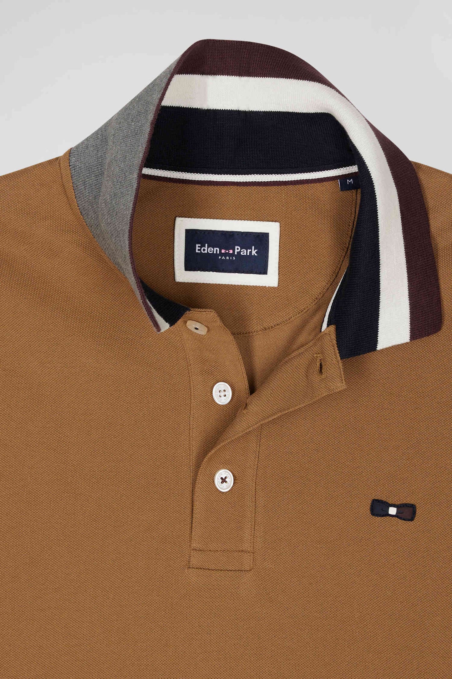 Long-sleeved polo shirt in two-tone cotton piqué with hazelnut jacquard collar Regular fit