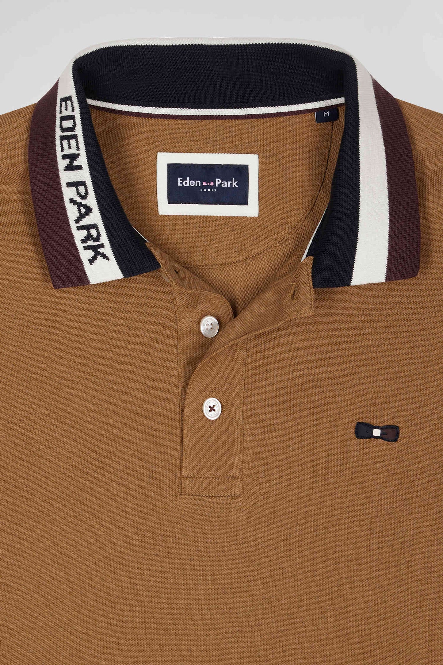 Long-sleeved polo shirt in two-tone cotton piqué with hazelnut jacquard collar Regular fit