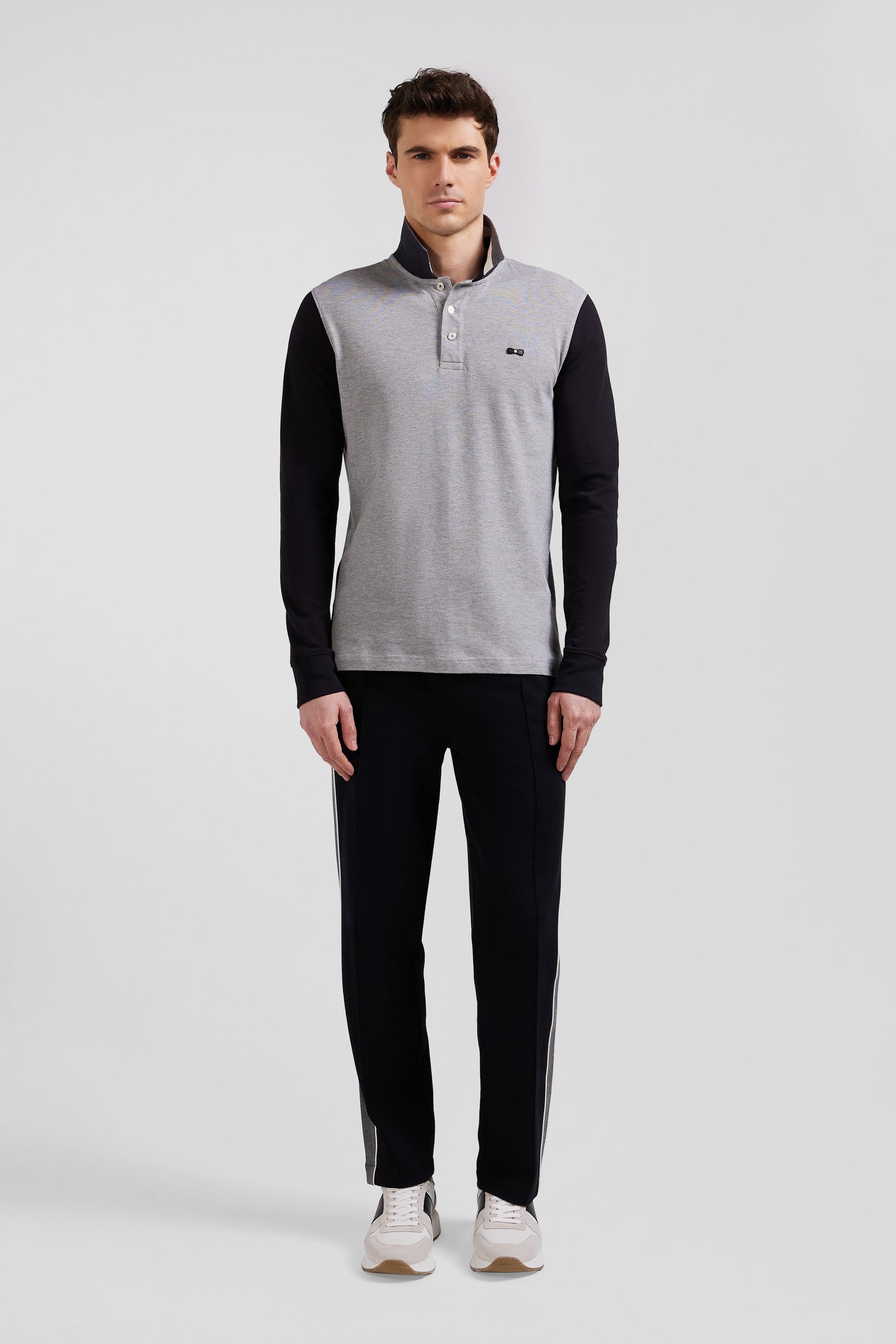 Regular black bicolor long-sleeved cotton piqué polo shirt with jacquard collar