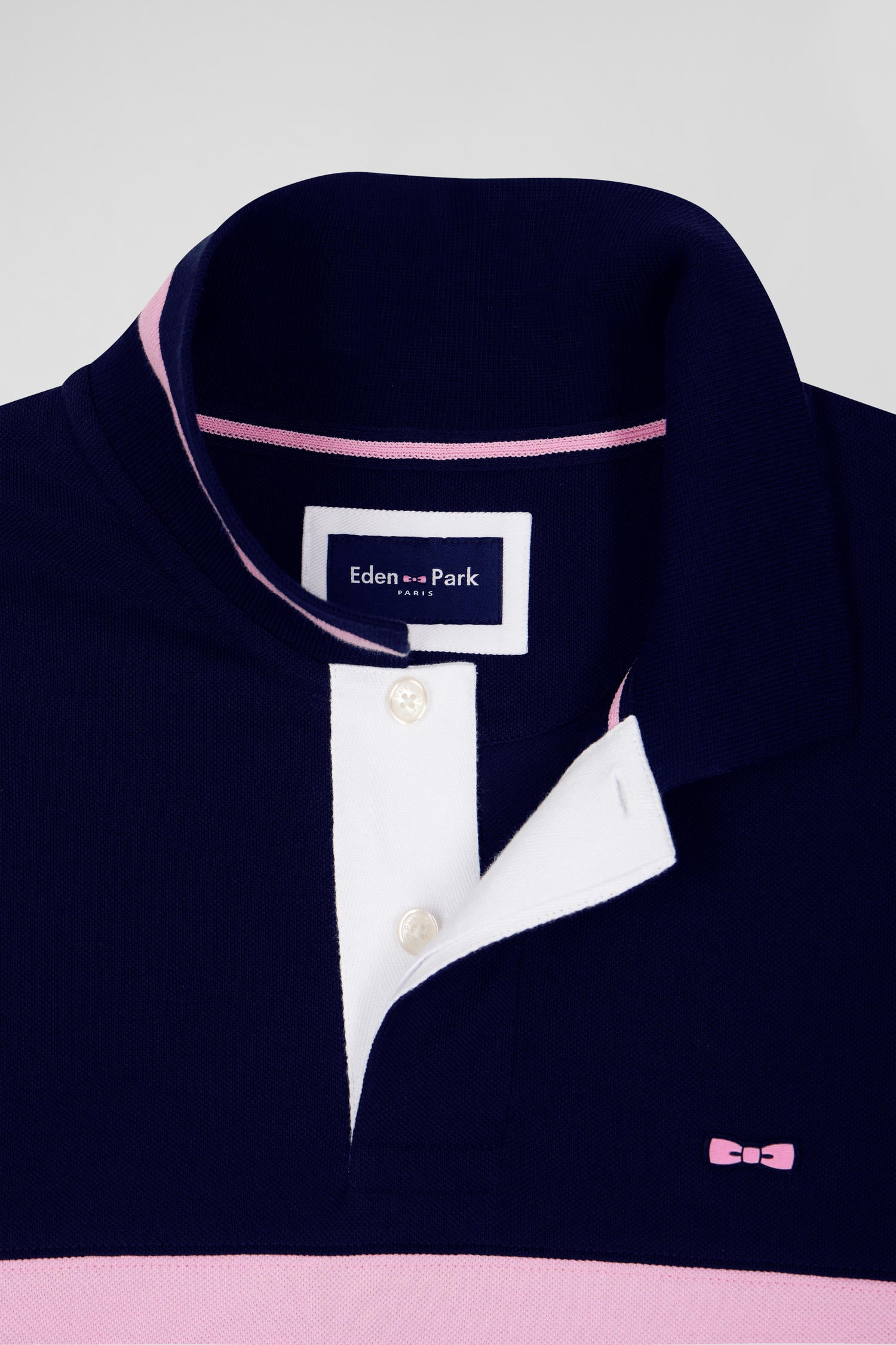 Regular navy blue long-sleeved cotton piqué polo shirt with padded embroidery