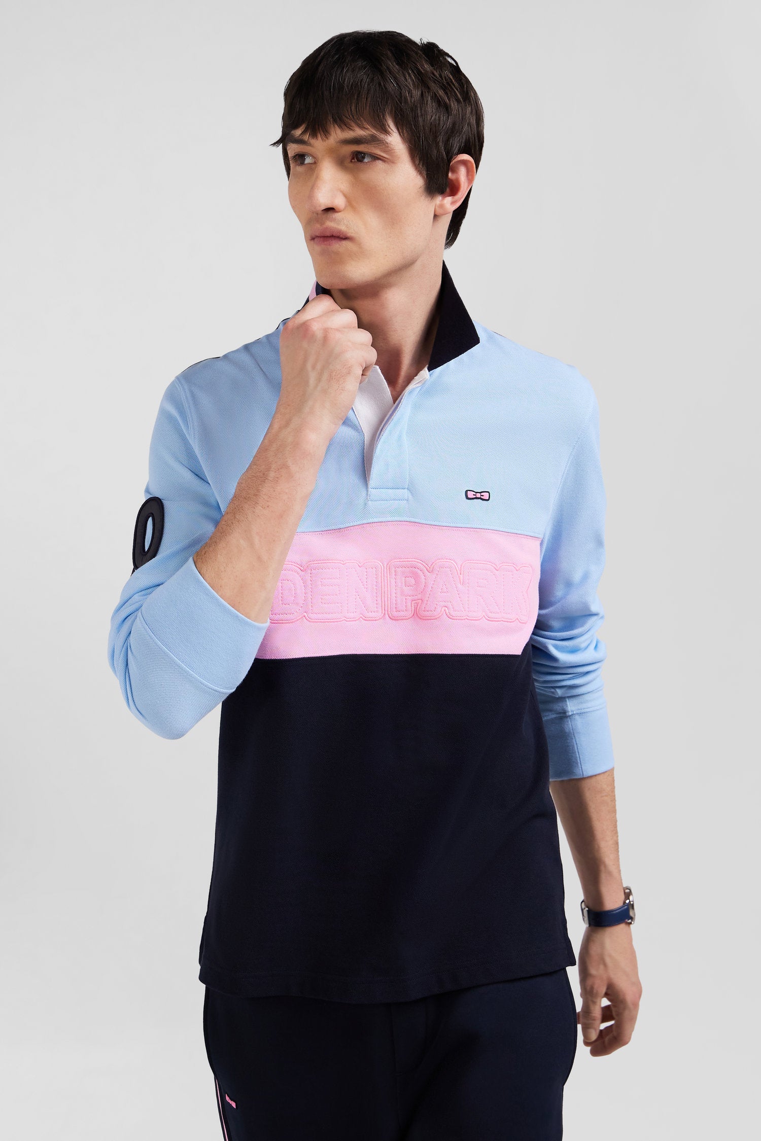 Regular sky blue long-sleeved cotton piqué polo shirt with padded embroidery