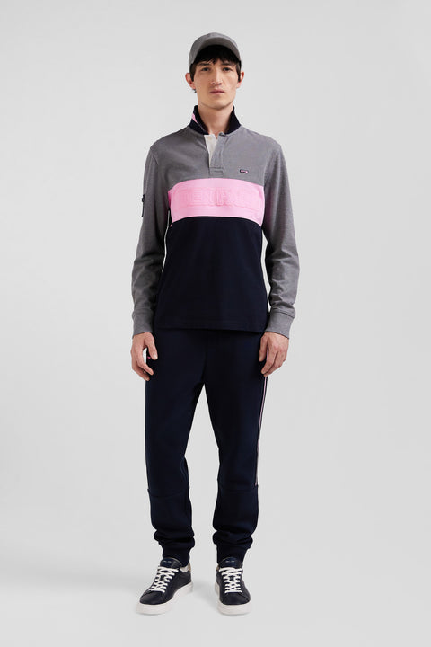 Regular grey long-sleeved cotton piqué polo shirt with padded embroidery - Image 1