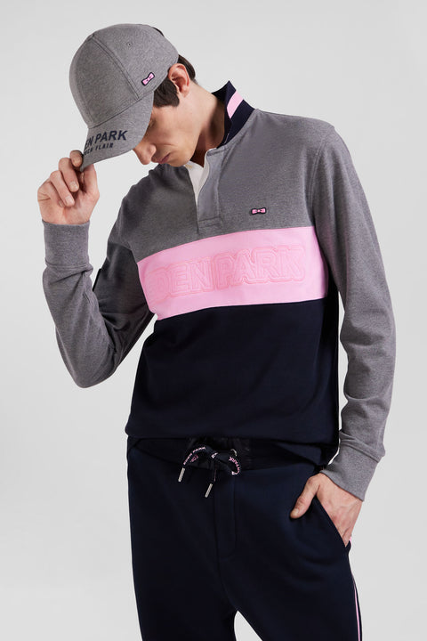 Regular grey long-sleeved cotton piqué polo shirt with padded embroidery - Image 3