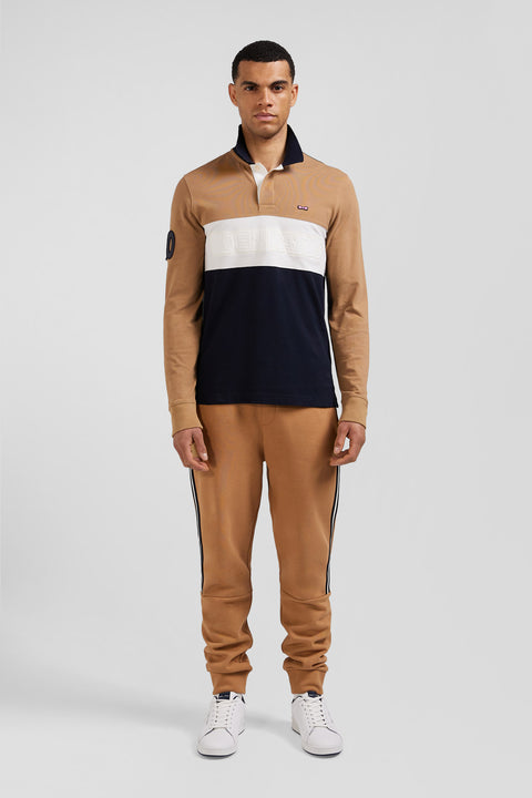 Regular camel long-sleeved cotton piqué polo shirt with padded embroidery - Image 1