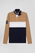 Regular camel long-sleeved cotton piqué polo shirt with padded embroidery