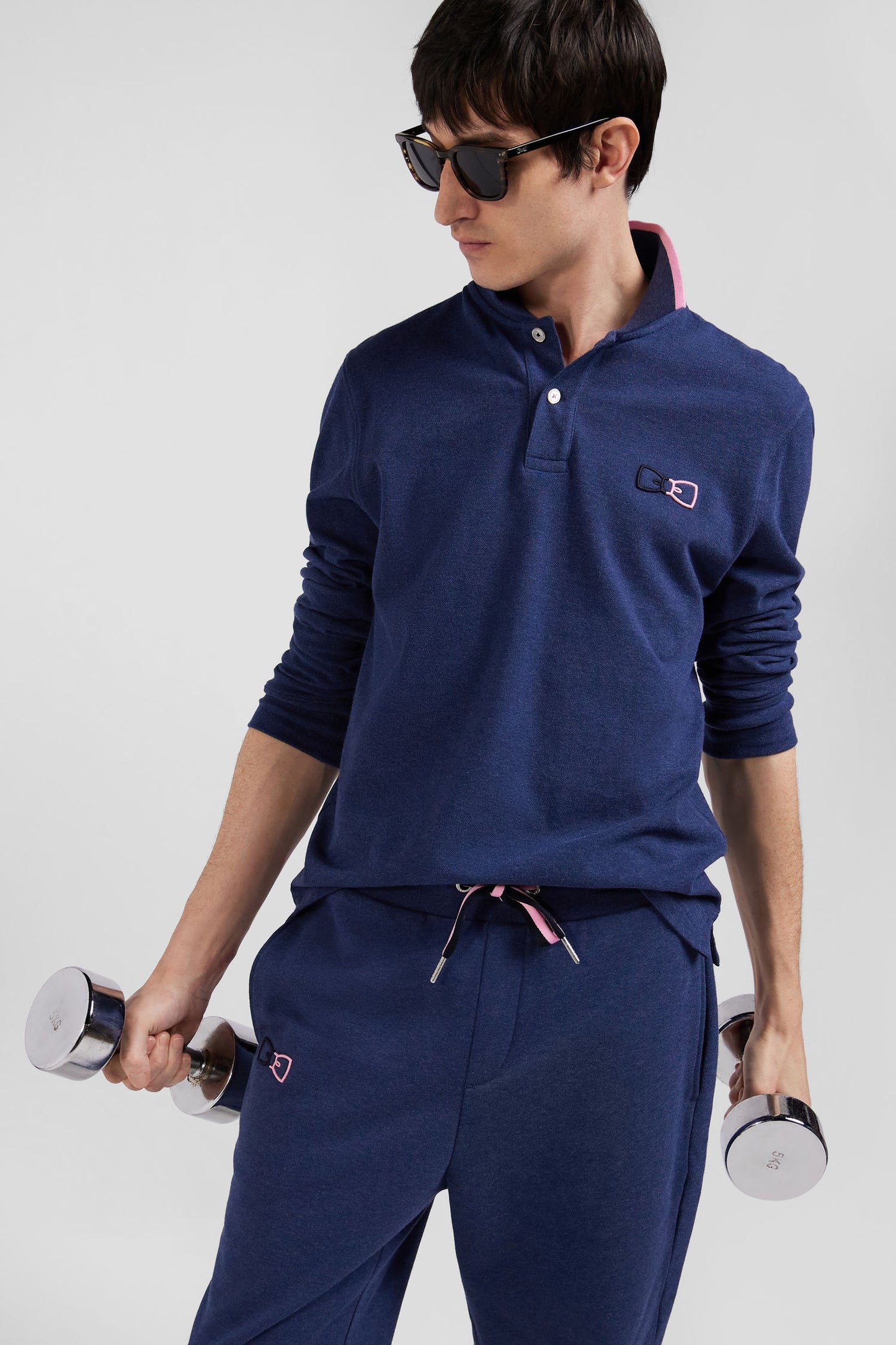 Regular navy blue long-sleeved cotton piqué polo shirt with pink details