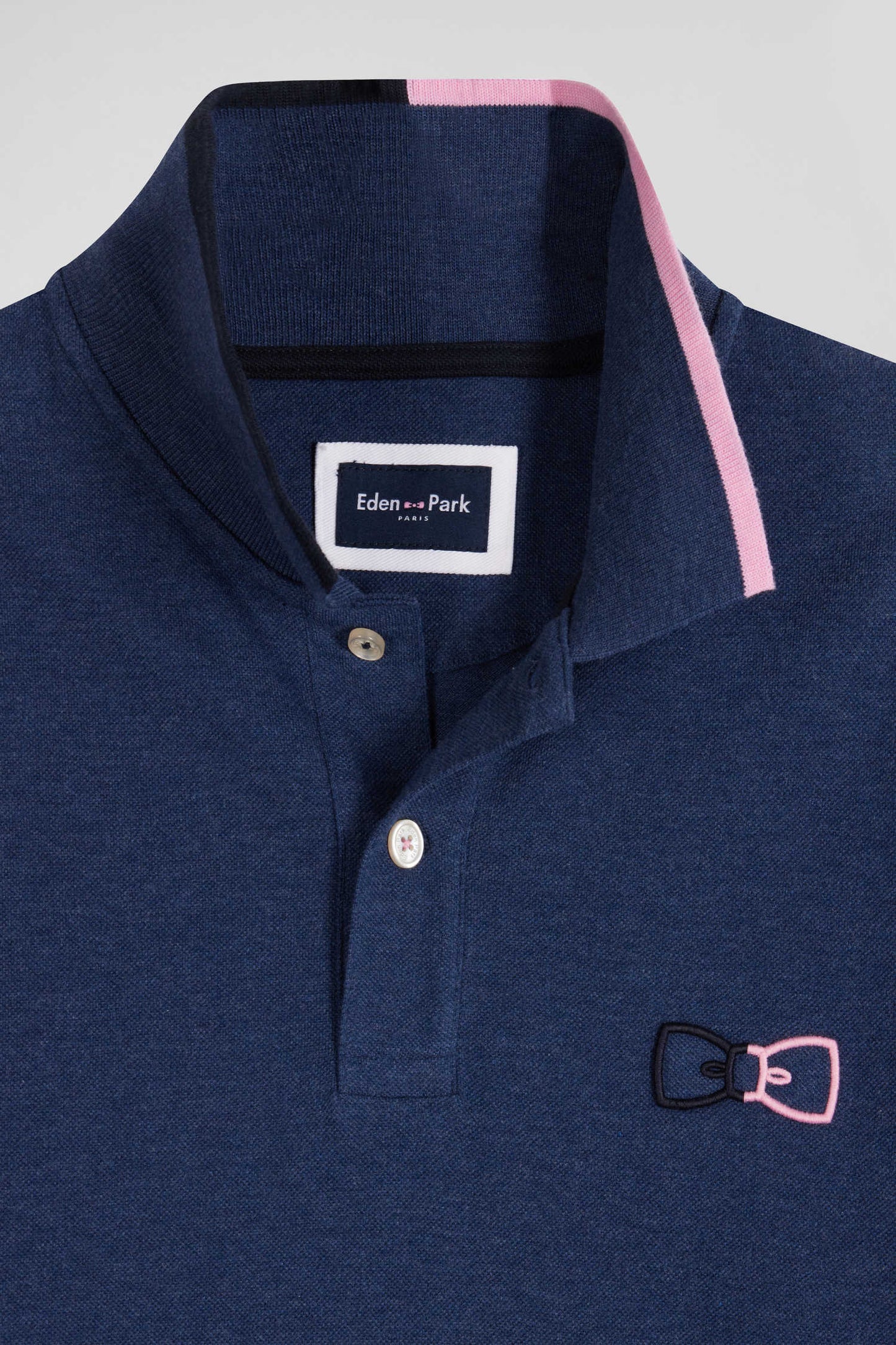 Regular navy blue long-sleeved cotton piqué polo shirt with pink details