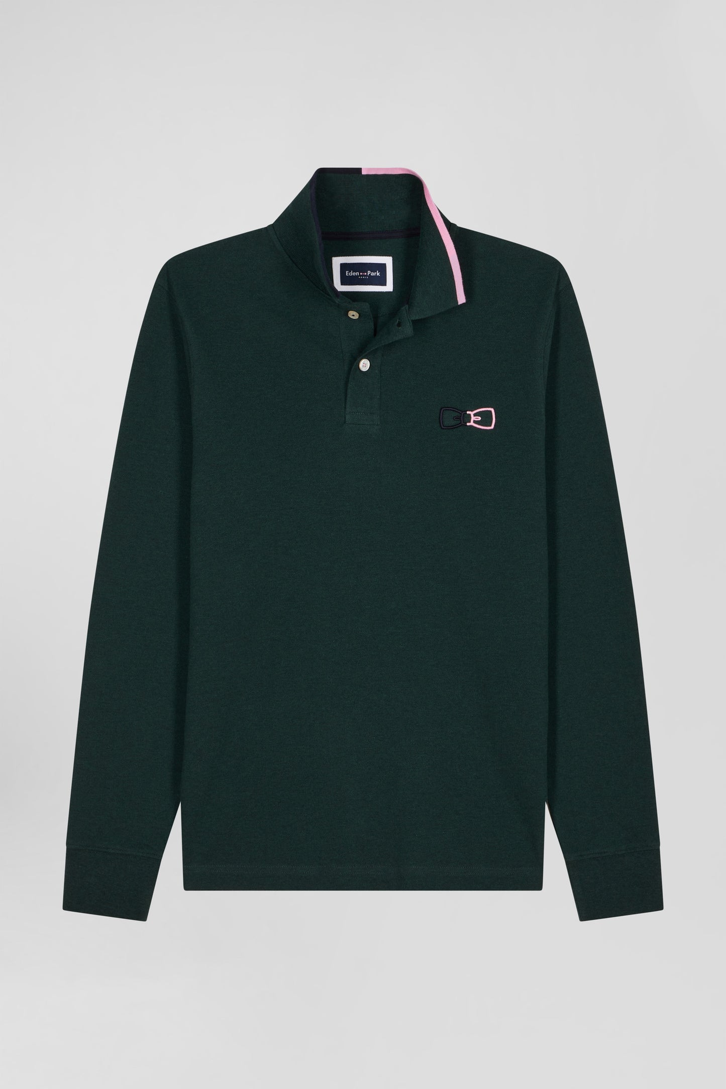 Regular green long-sleeved cotton piqué polo shirt with pink details