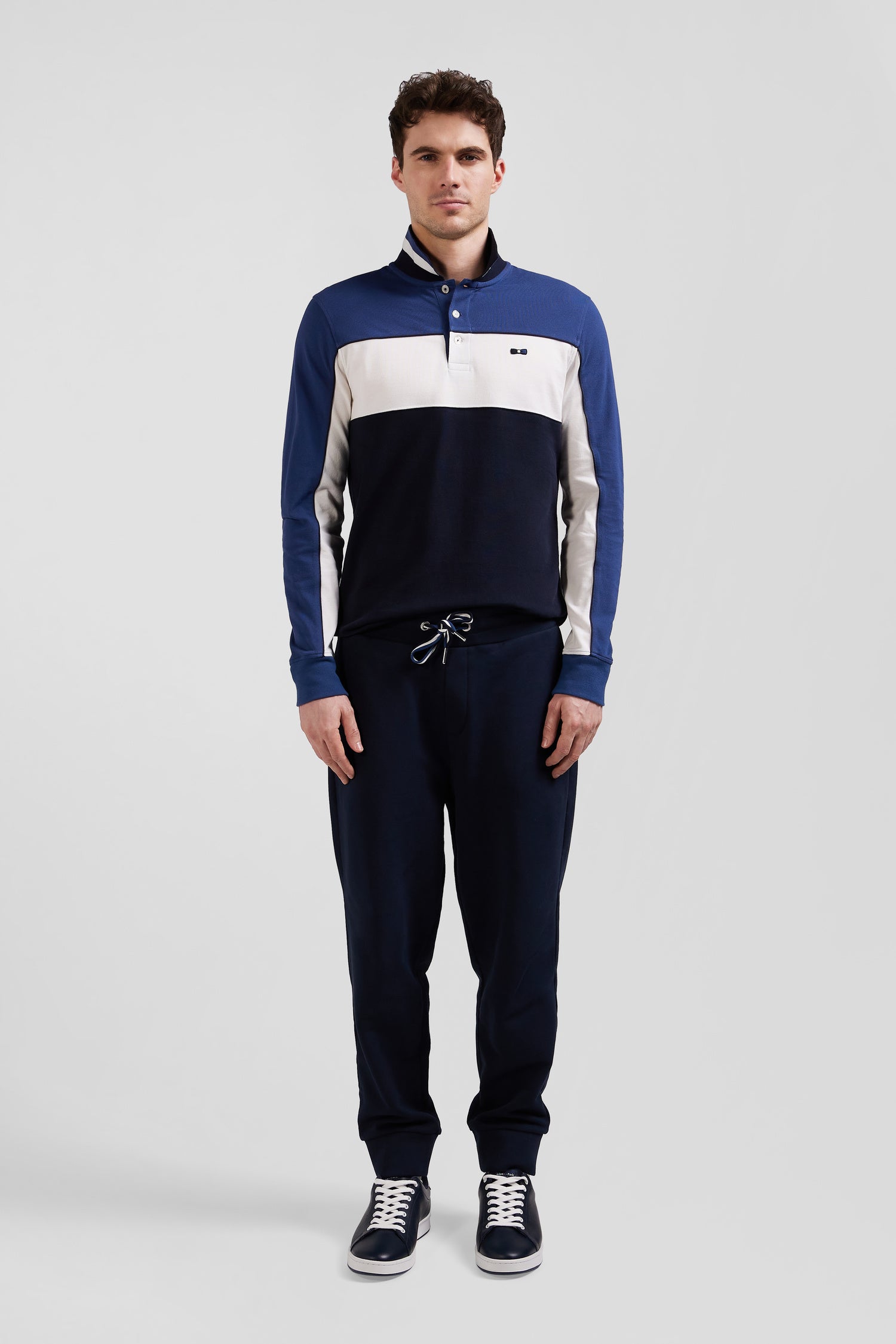 Regular blue tricolor long-sleeved cotton piqué polo shirt