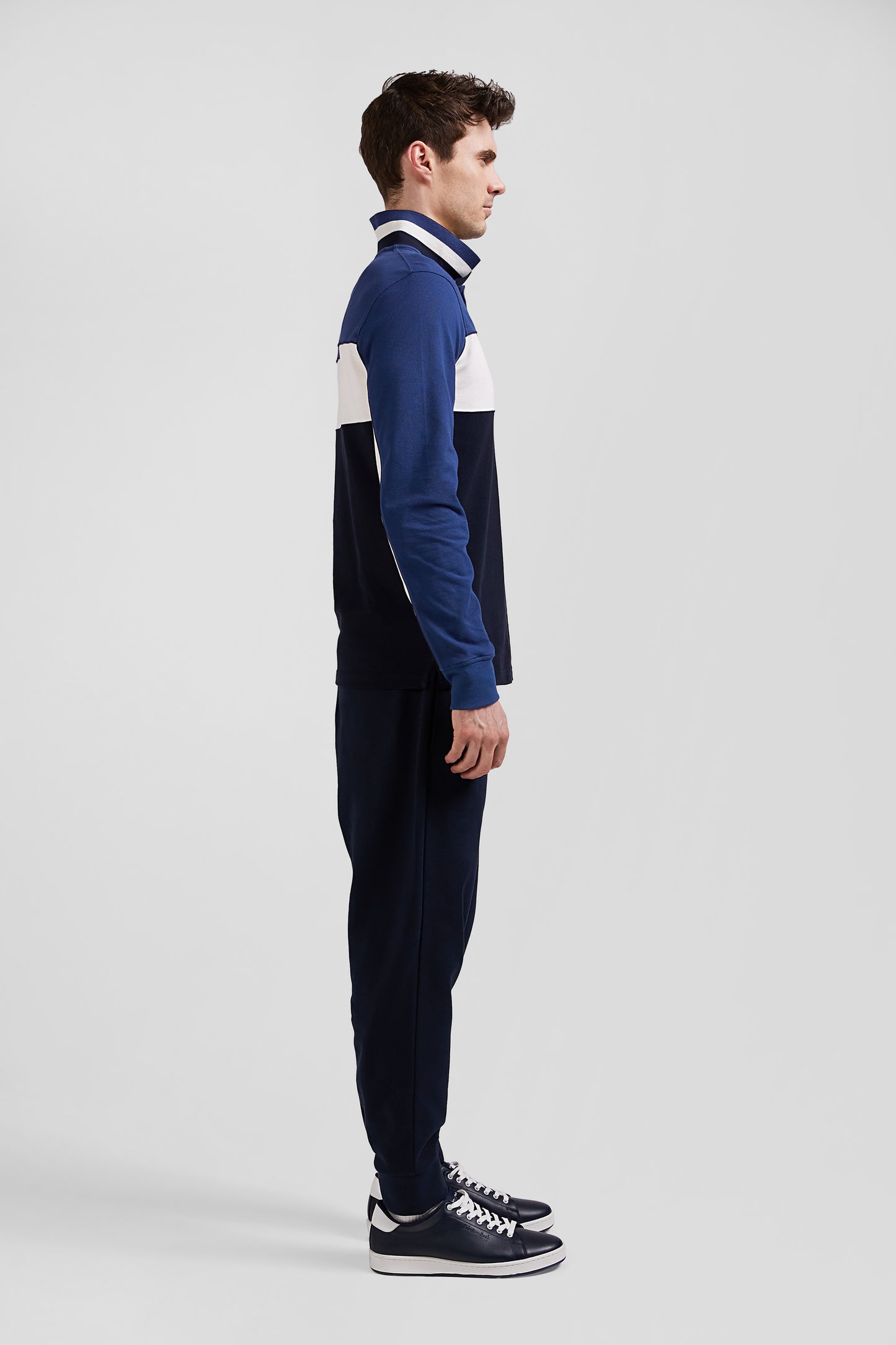 Regular blue tricolor long-sleeved cotton piqué polo shirt