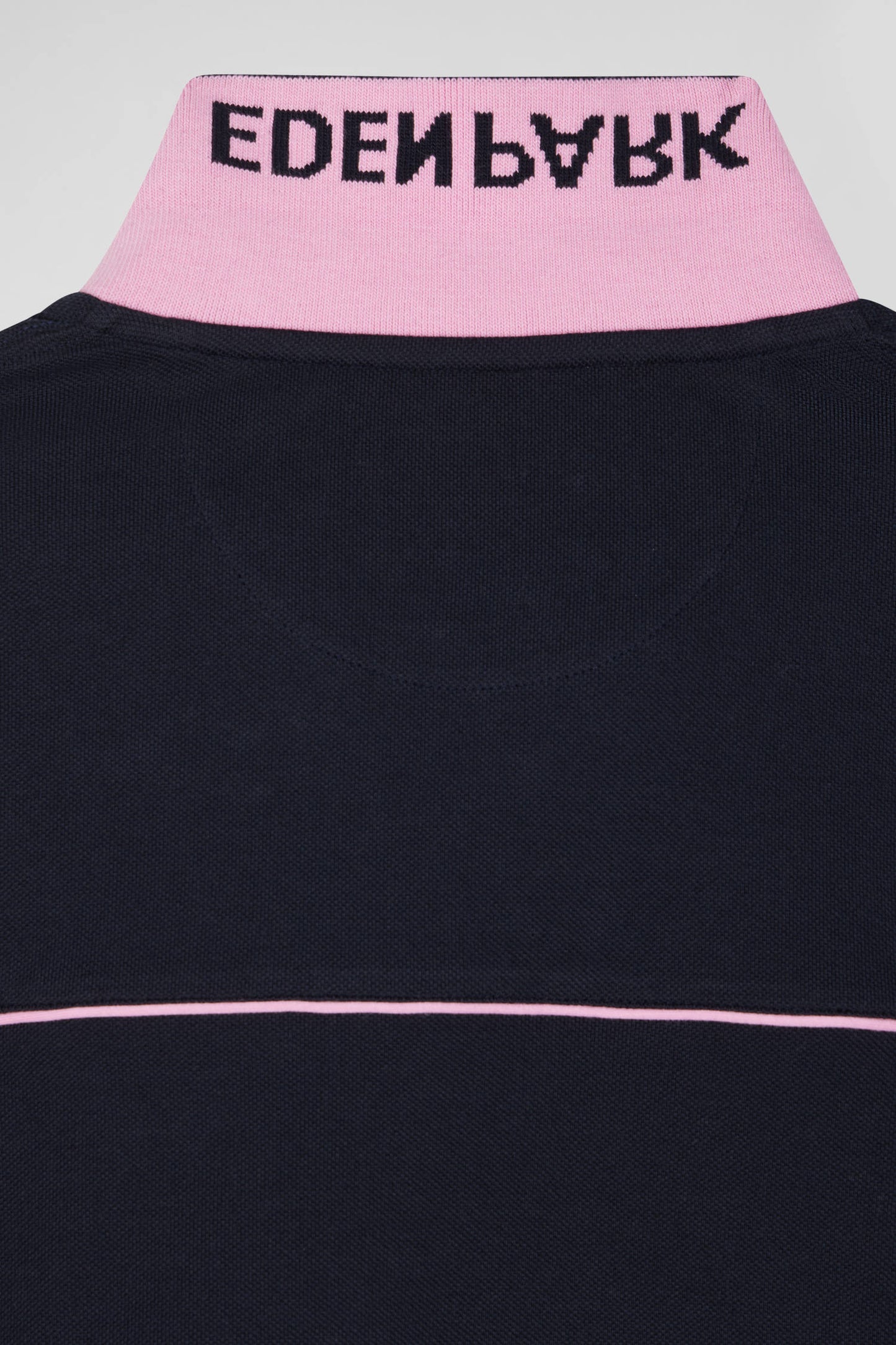 Regular navy blue long-sleeved cotton piqué polo shirt with pink piping