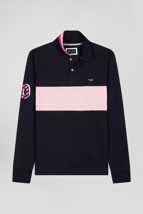 Regular pink long-sleeved cotton piqué polo shirt with sleeve embroidery - Image 2
