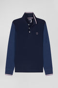 Regular navy long-sleeved cotton piqué polo shirt with jacquard collar and rubber badge