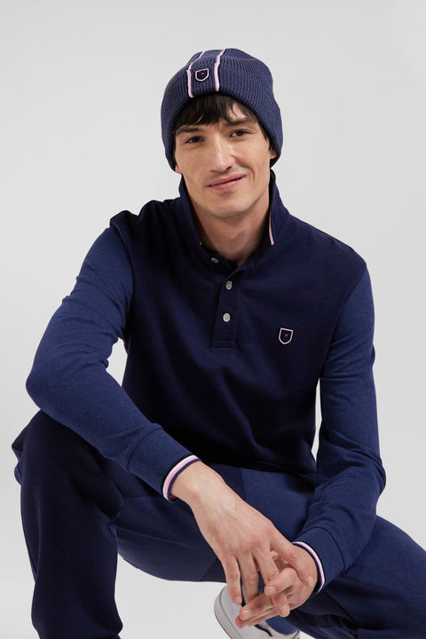 Regular navy long-sleeved cotton piqué polo shirt with jacquard collar and rubber badge - Image 3