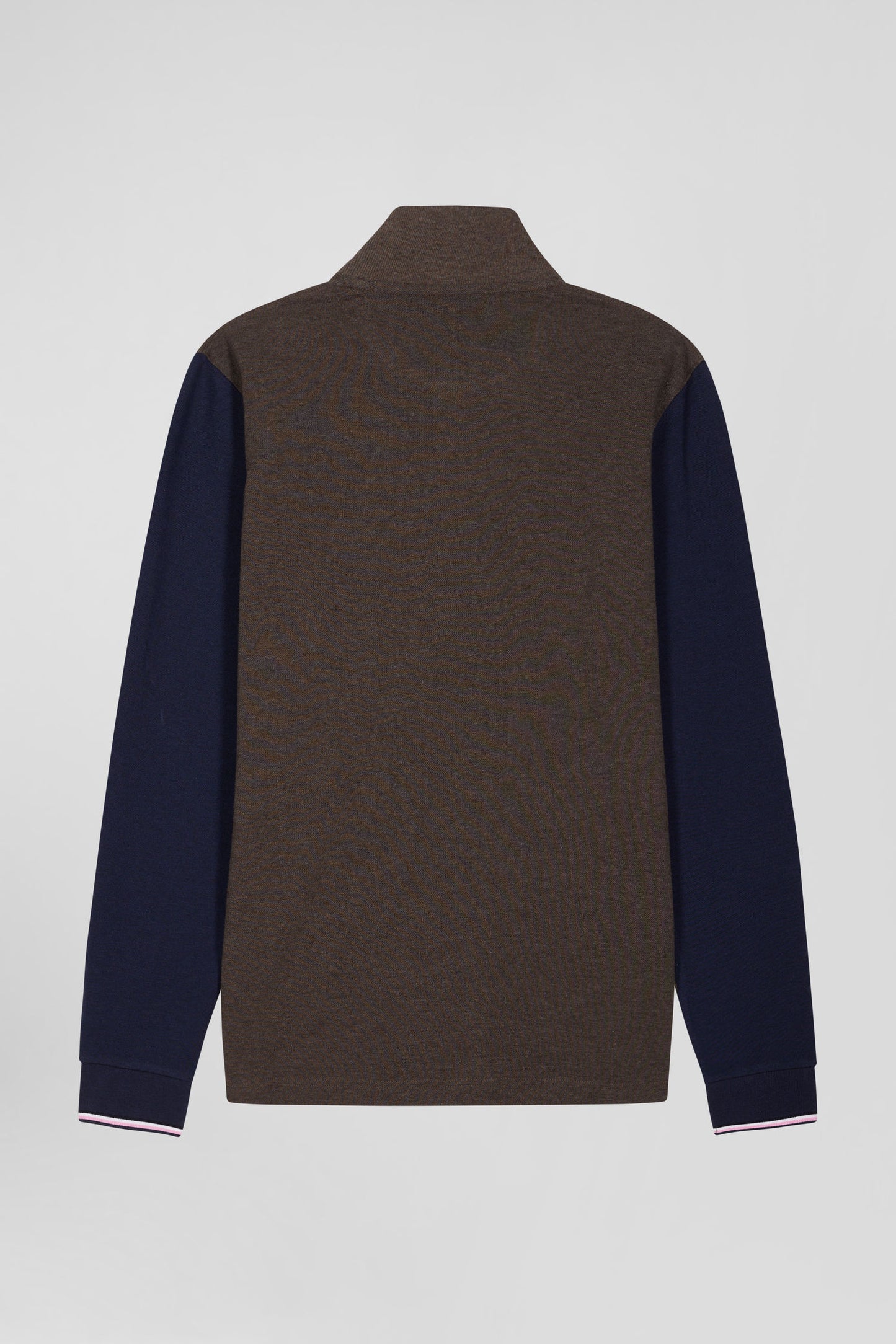 Regular brown long-sleeved cotton piqué polo shirt with jacquard collar and rubber badge