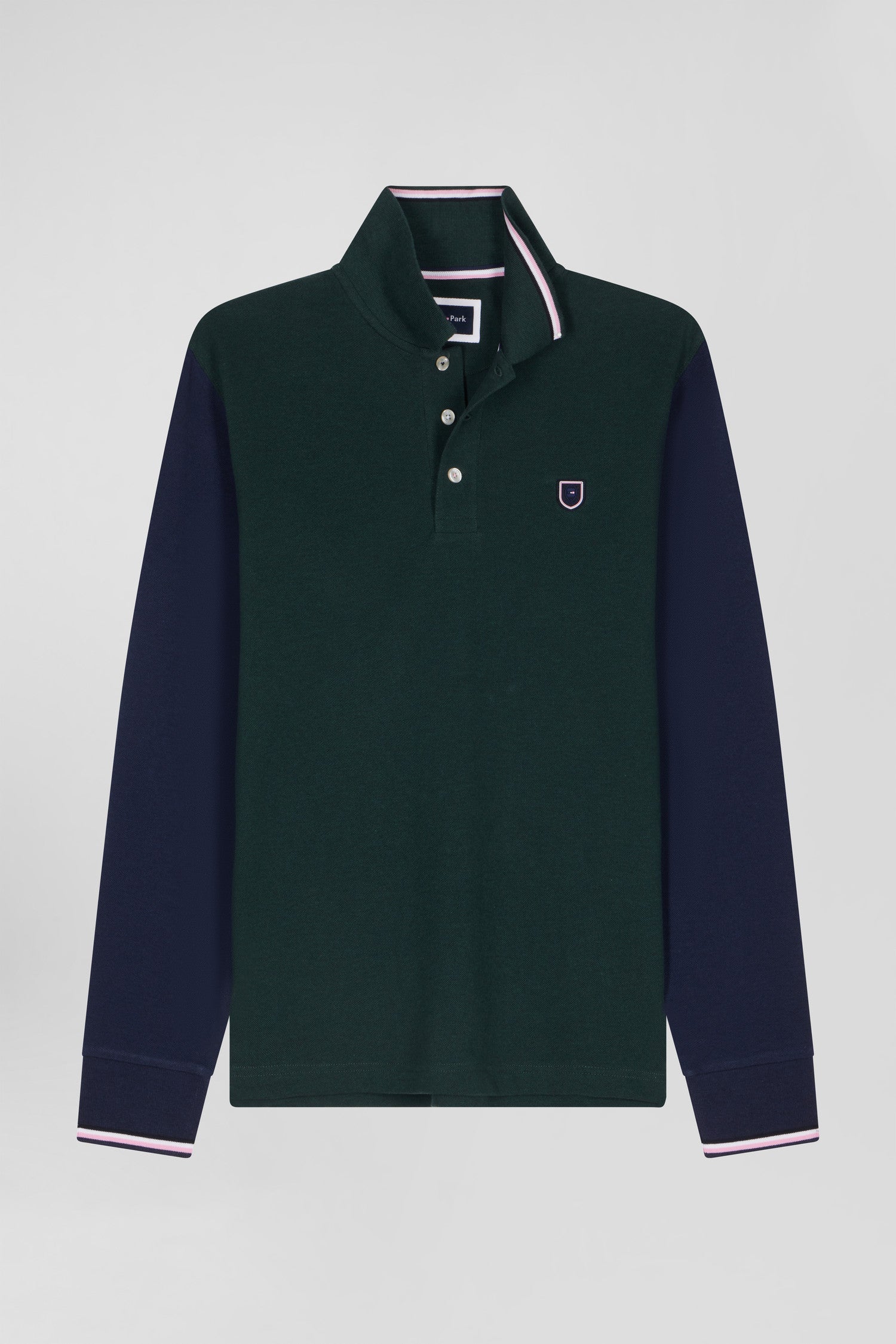 Regular green long-sleeved cotton piqué polo shirt with jacquard collar and rubber badge