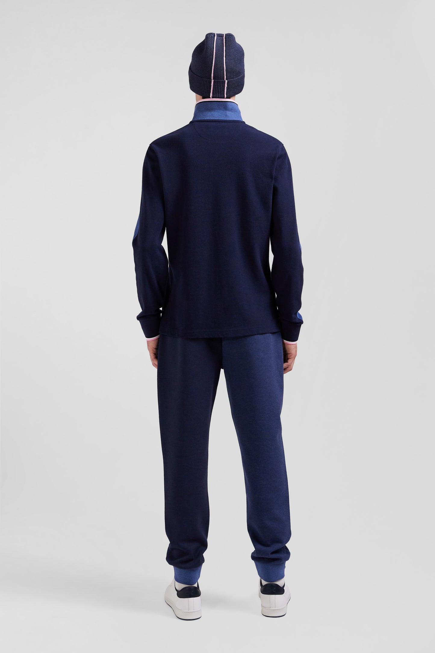 Regular dark blue long-sleeved cotton piqué polo shirt with tricolor details