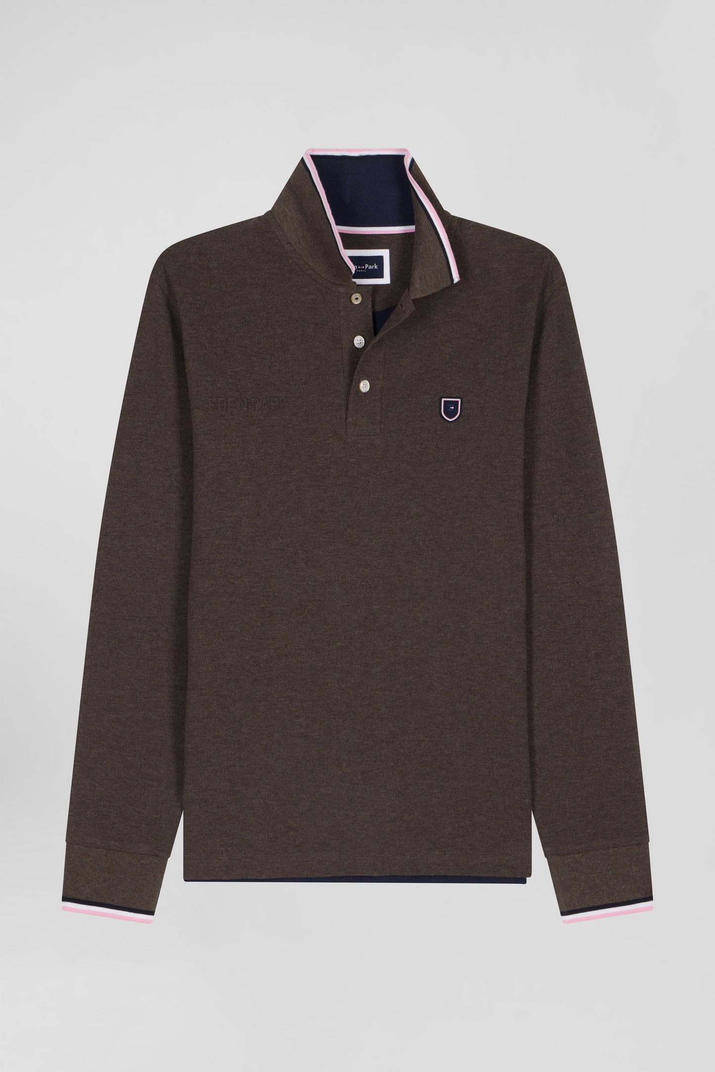 Regular brown long-sleeved cotton piqué polo shirt with tricolor details