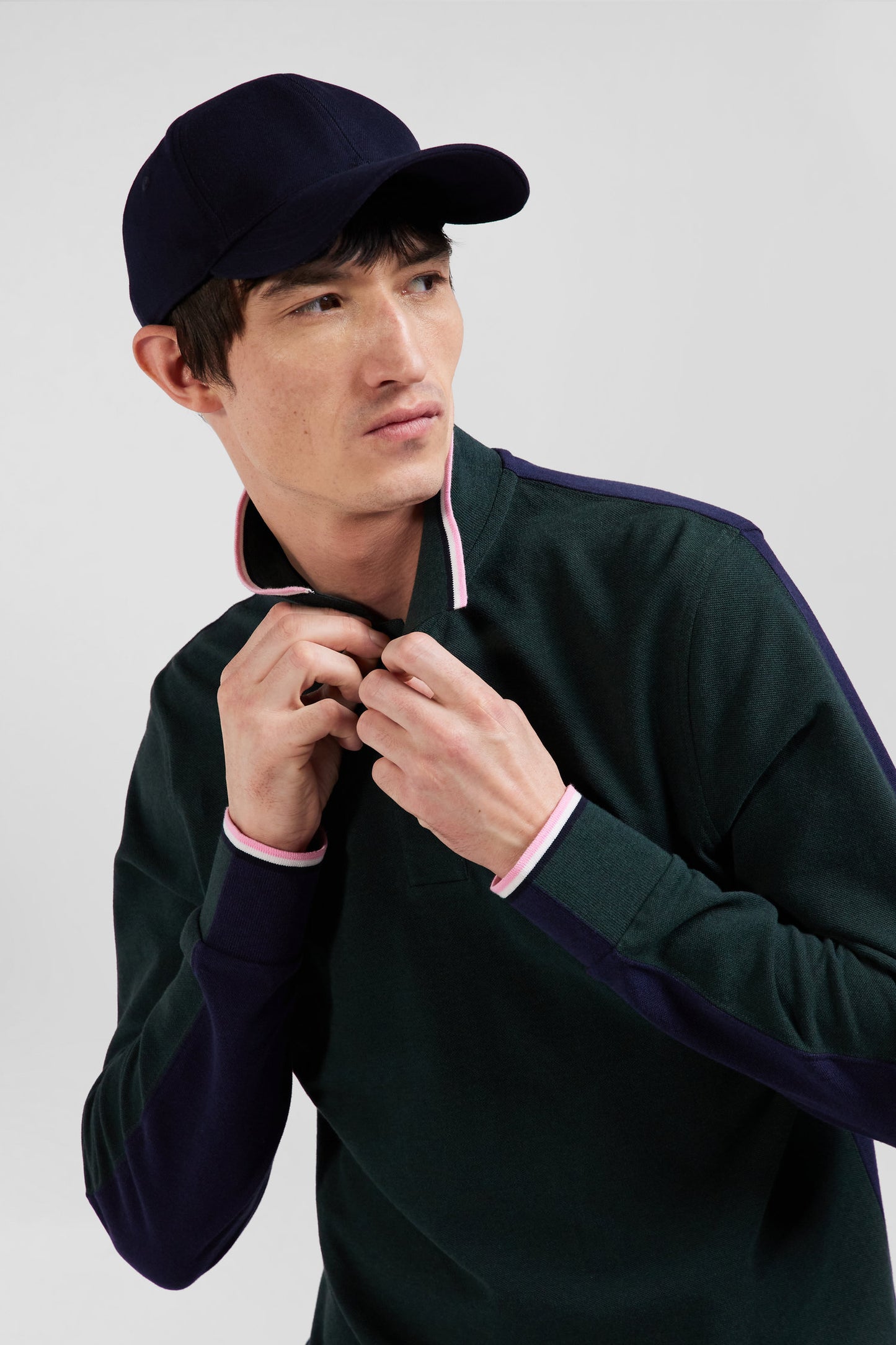 Regular green long-sleeved cotton piqué polo shirt with tricolor details