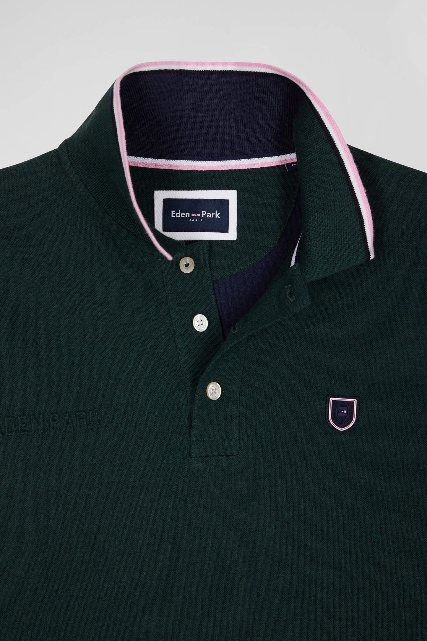 Regular green long-sleeved cotton piqué polo shirt with tricolor details