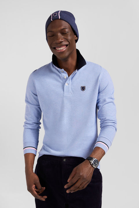 Regular sky blue long-sleeved cotton piqué polo shirt with rubber badge - Image 3