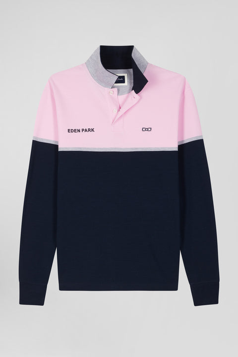 Regular navy blue bicolor long-sleeved cotton piqué polo shirt - Image 2