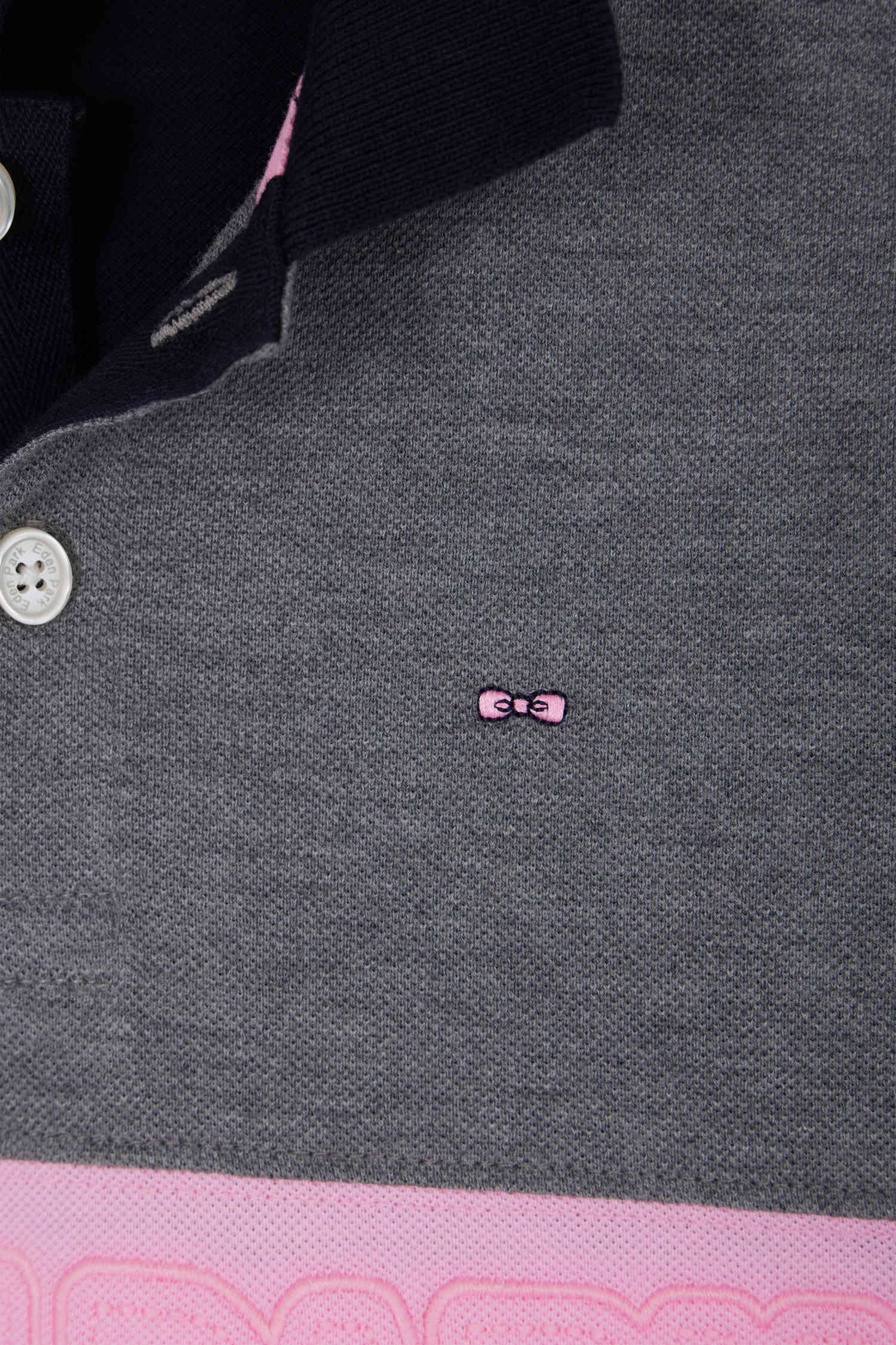 Polo manches longues en piqué coton gris bande rose et broderie 10 coupe Regular