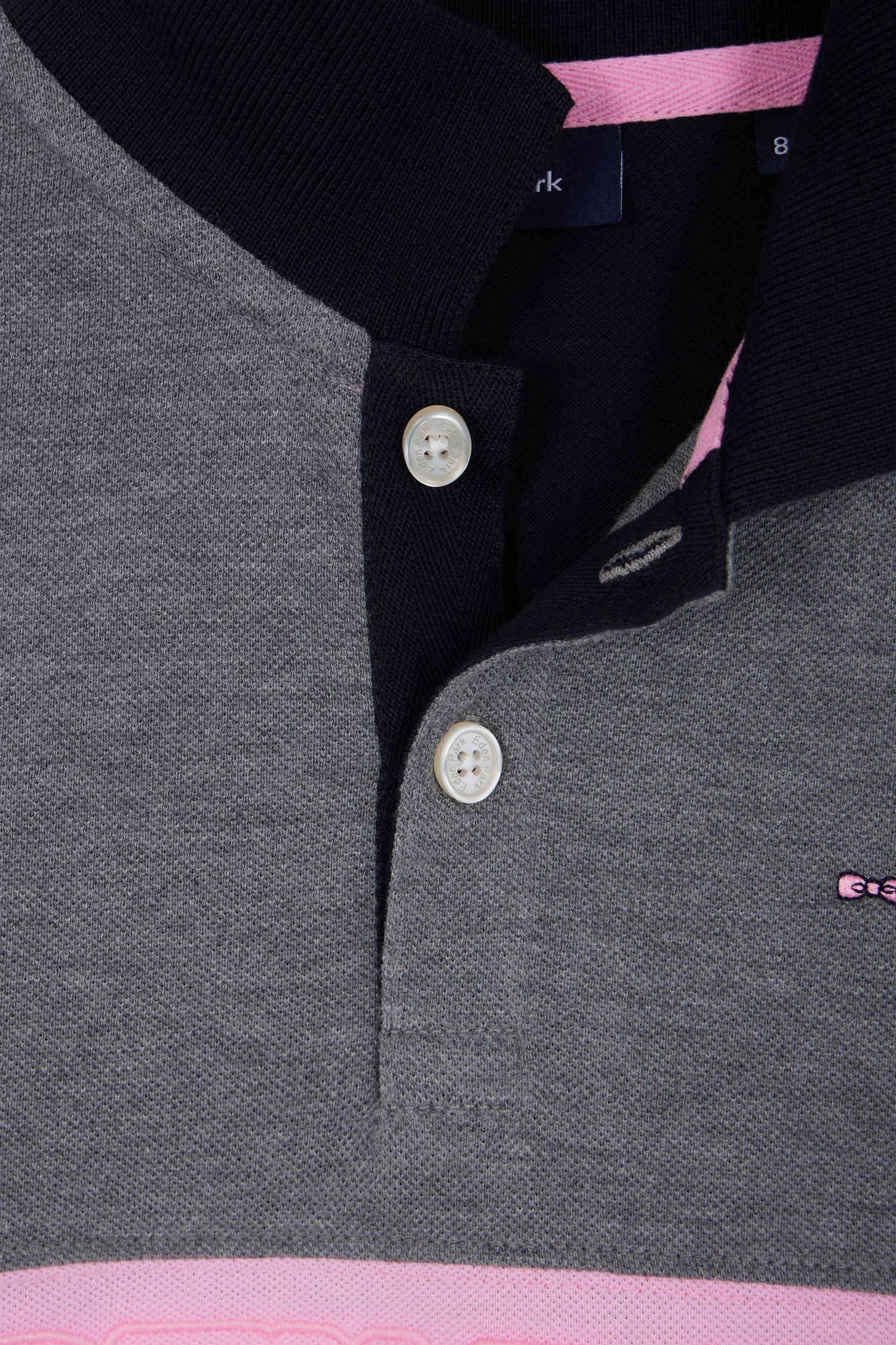 Polo manches longues en piqué coton gris bande rose et broderie 10 coupe Regular