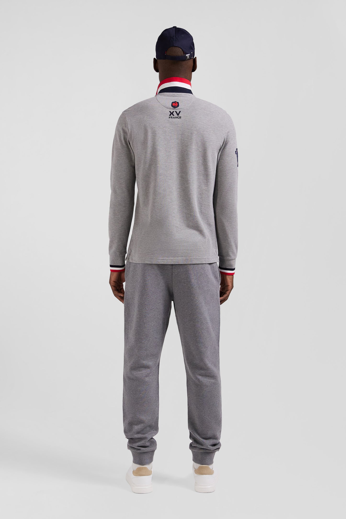 Regular grey long-sleeved cotton piqué polo shirt with XV de France embroidery