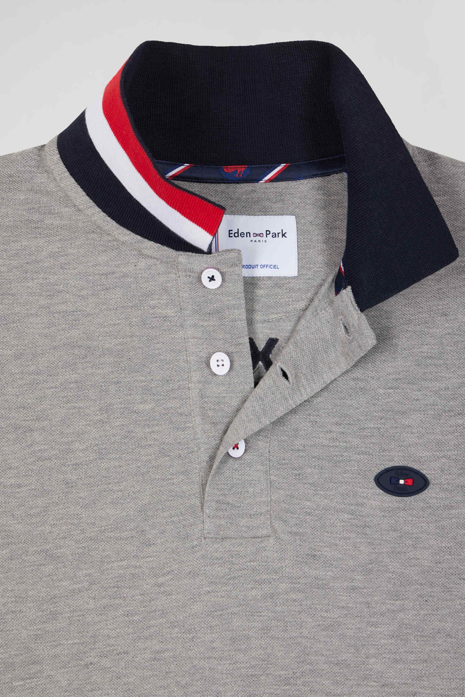 Regular grey long-sleeved cotton piqué polo shirt with XV de France embroidery