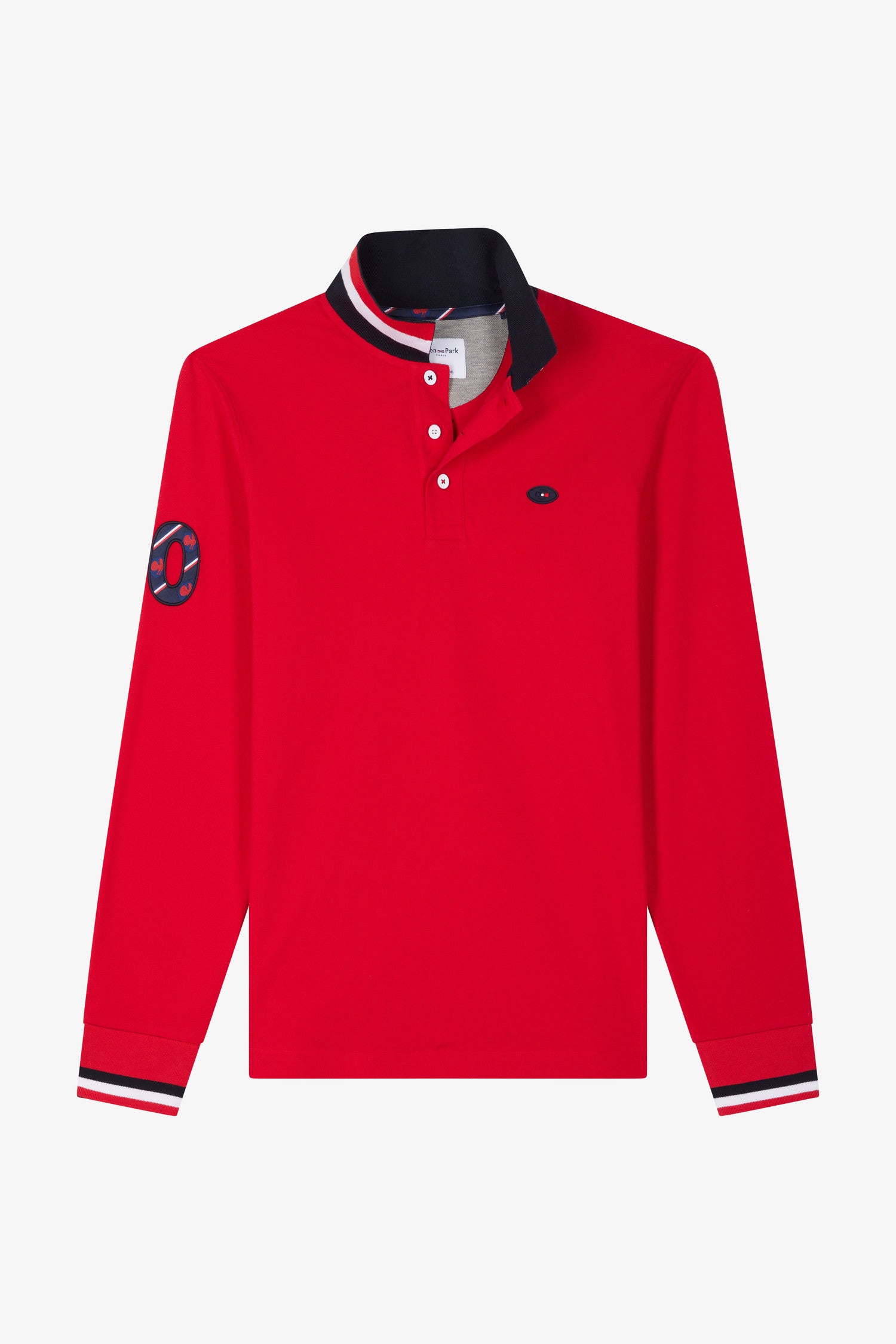 Regular red long-sleeved cotton piqué polo shirt with XV de France embroidery