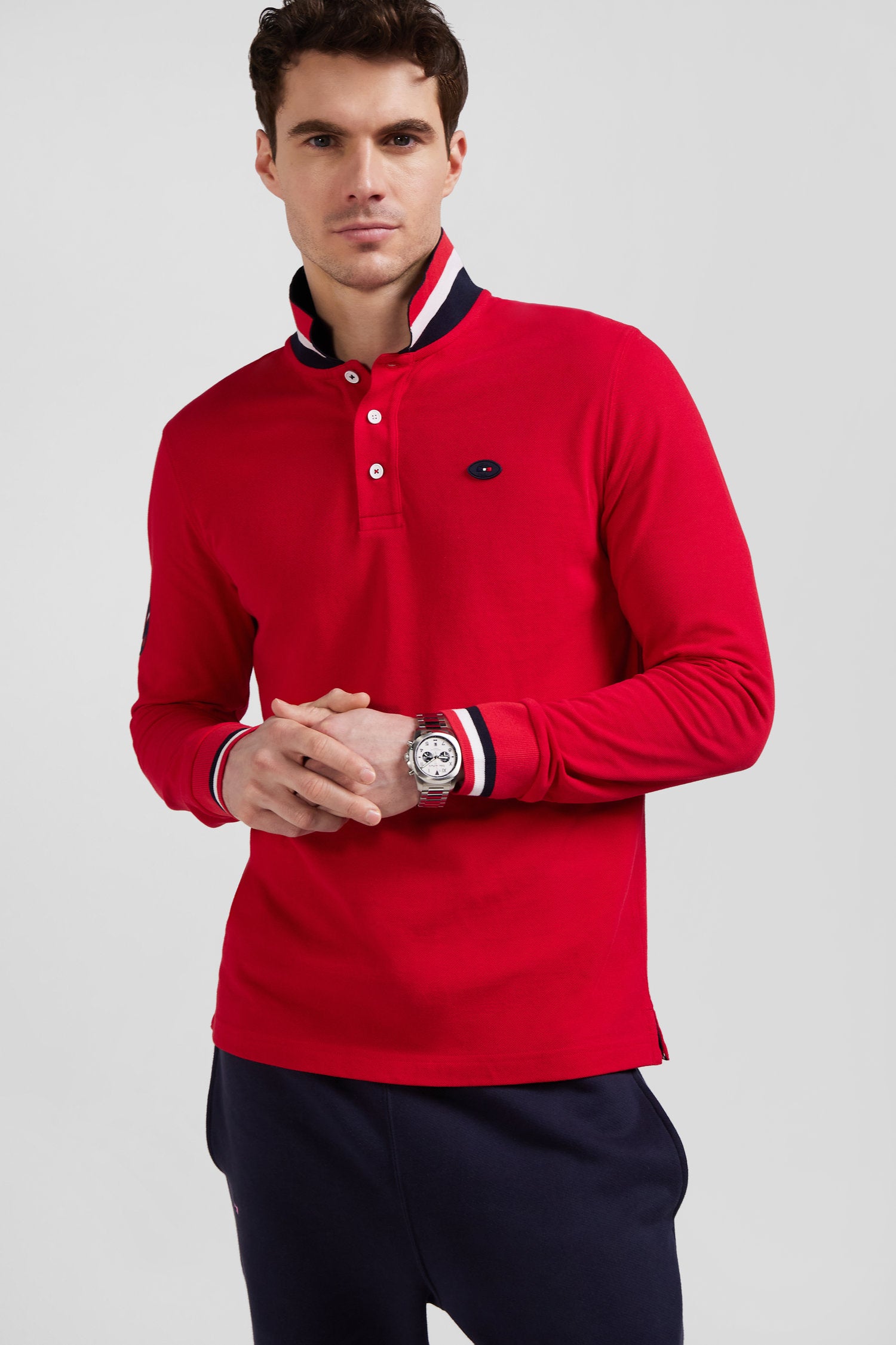 Regular red long-sleeved cotton piqué polo shirt with XV de France embroidery