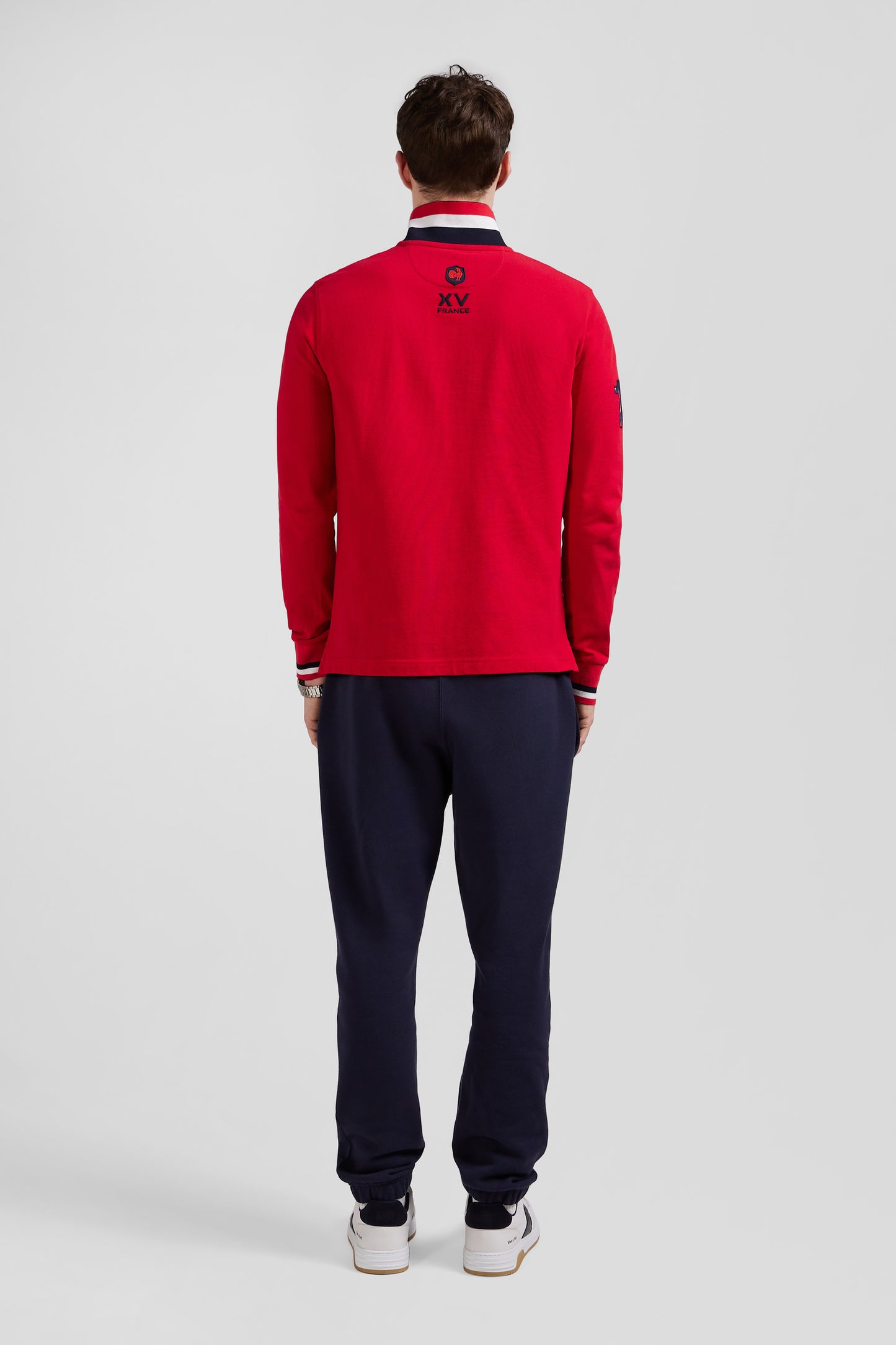 Regular red long-sleeved cotton piqué polo shirt with XV de France embroidery