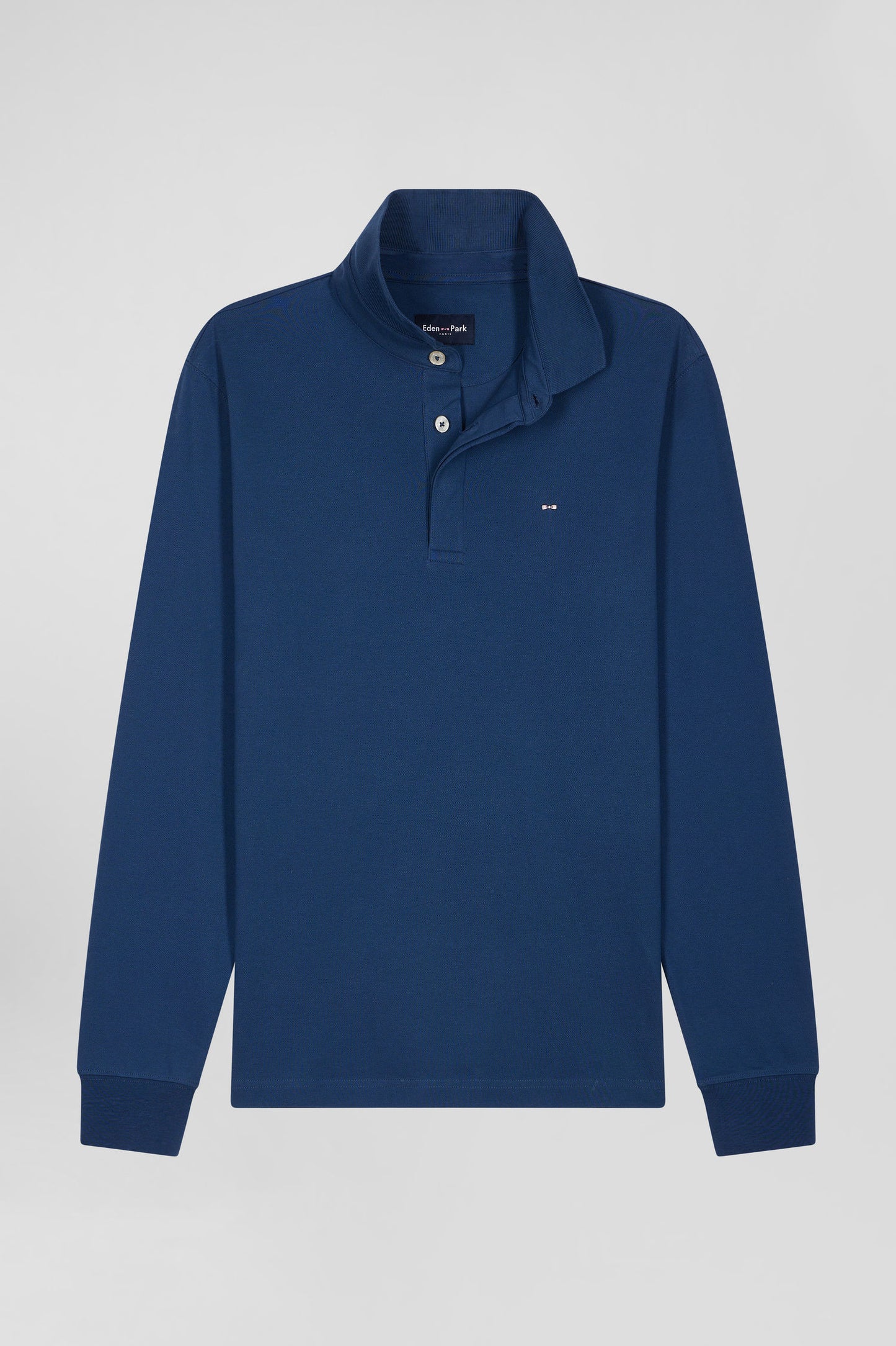 Slim dark blue long-sleeved cotton piqué polo shirt