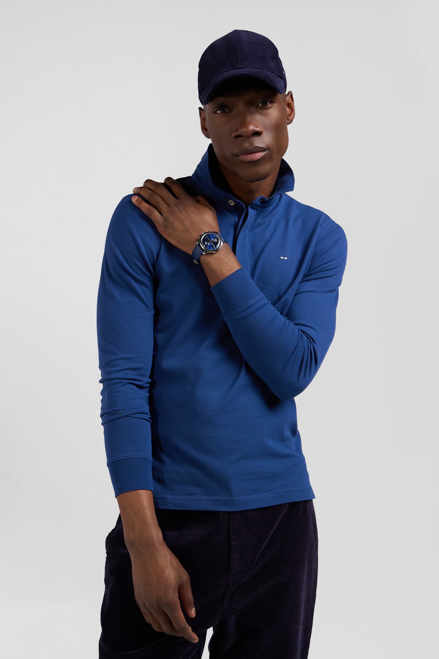 Slim dark blue long-sleeved cotton piqué polo shirt