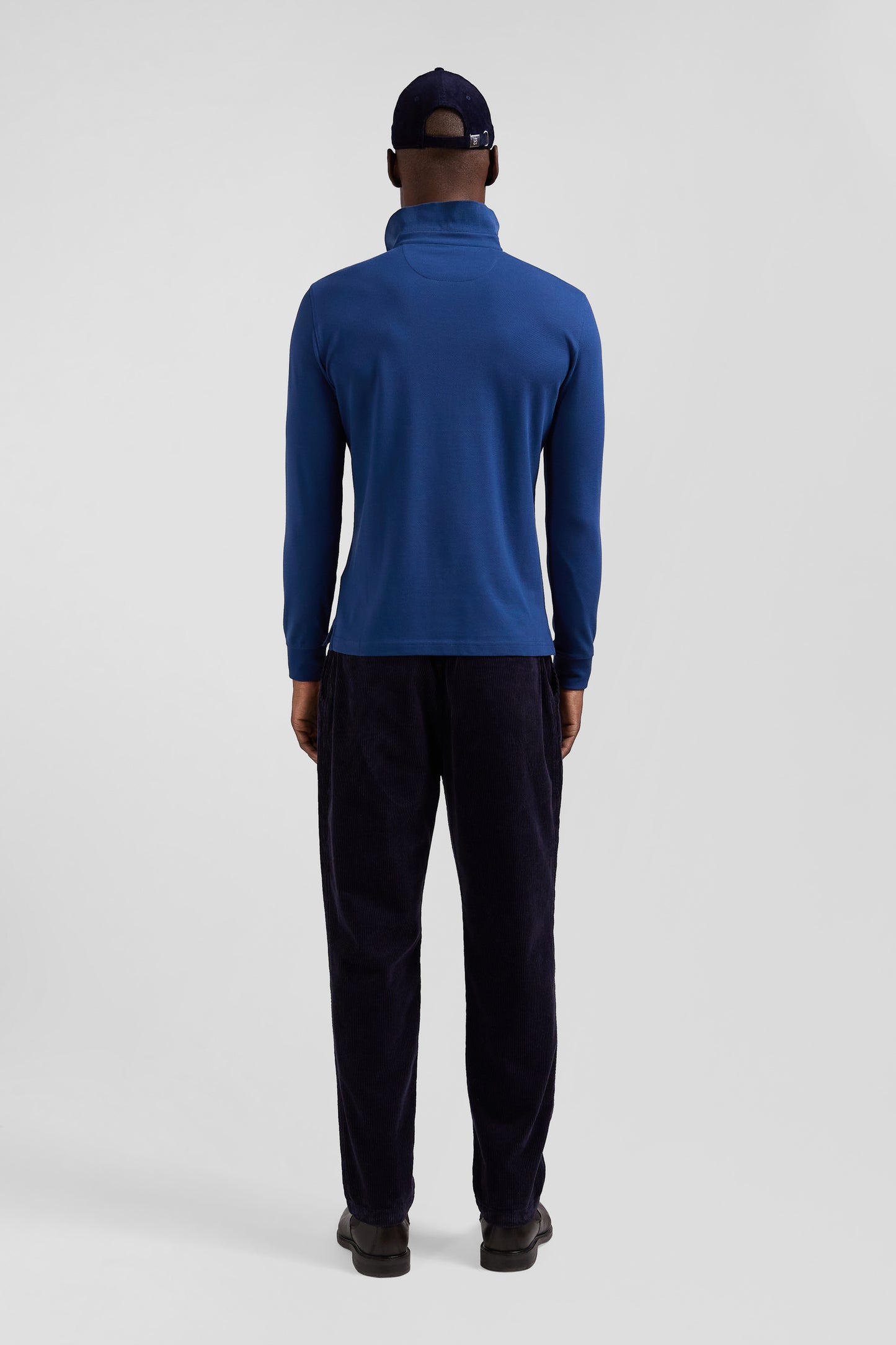 Slim dark blue long-sleeved cotton piqué polo shirt