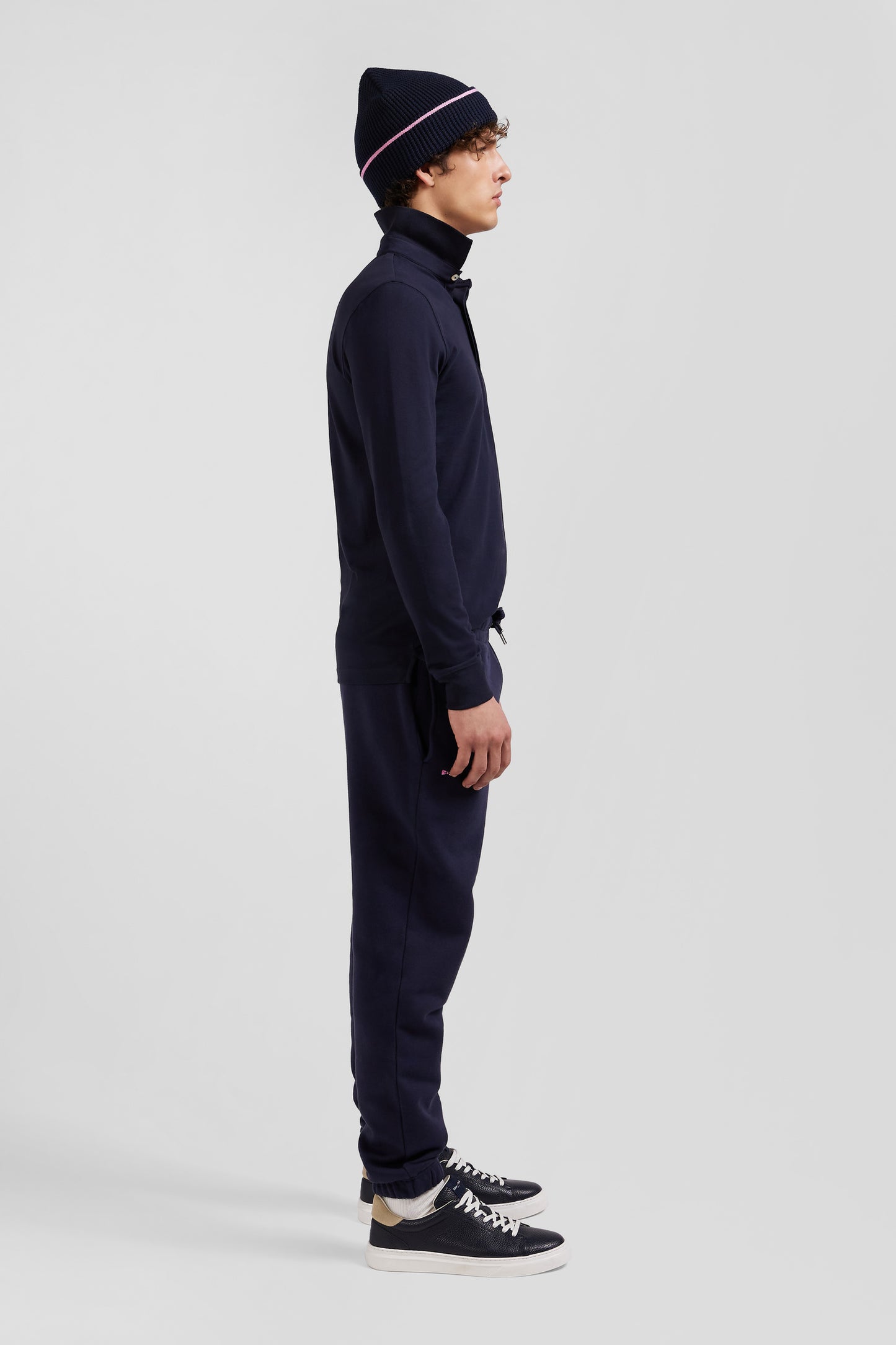 Slim navy blue long-sleeved cotton piqué polo shirt