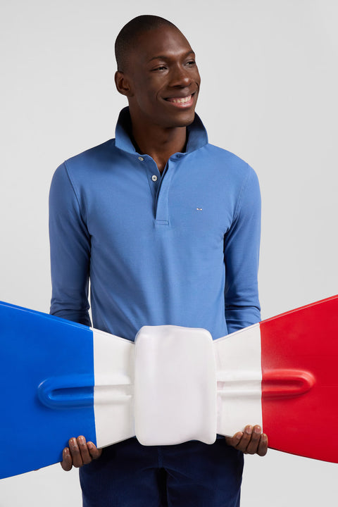Slim blue long-sleeved cotton piqué polo shirt - Image 3