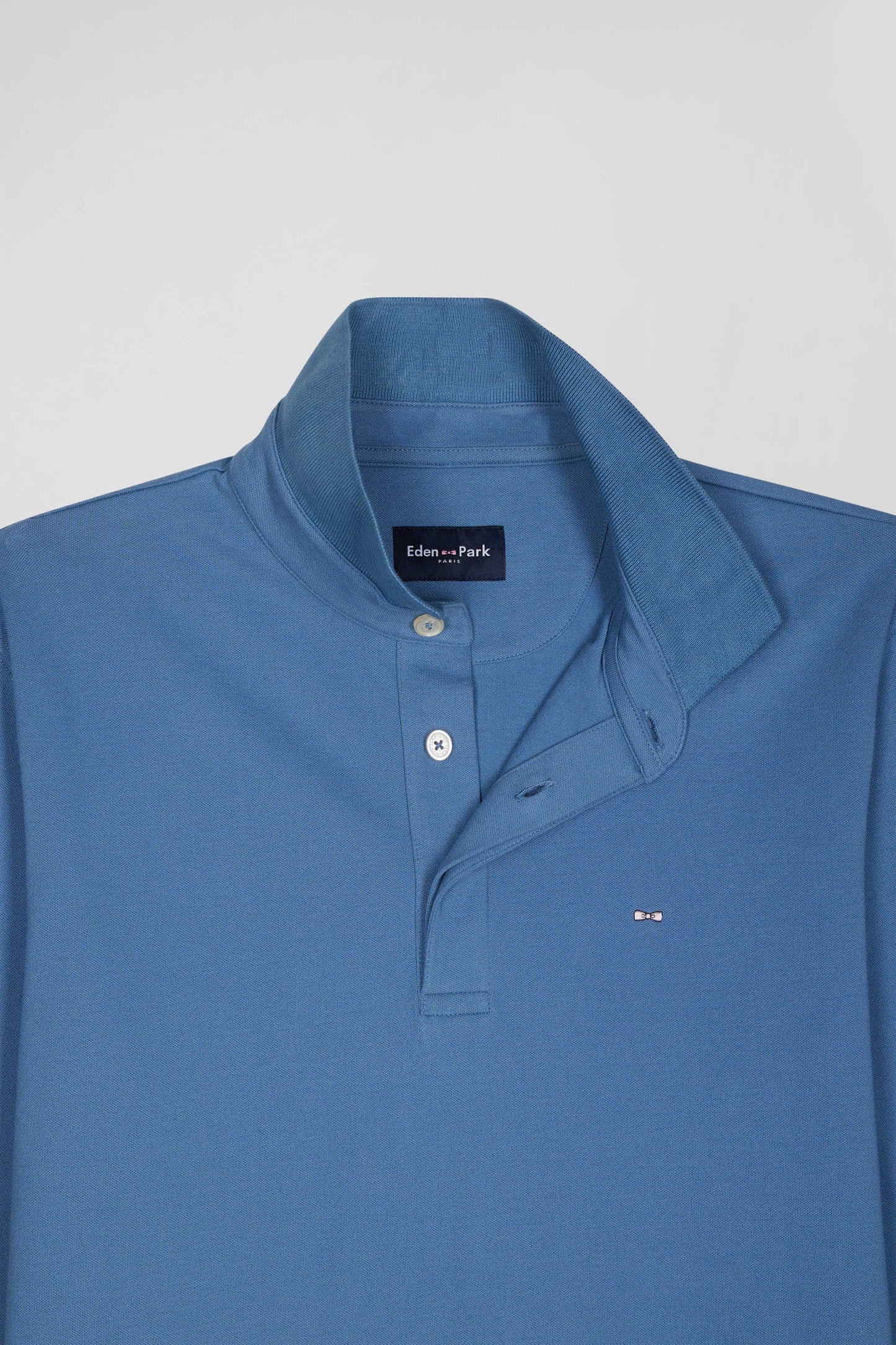 Slim blue long-sleeved cotton piqué polo shirt