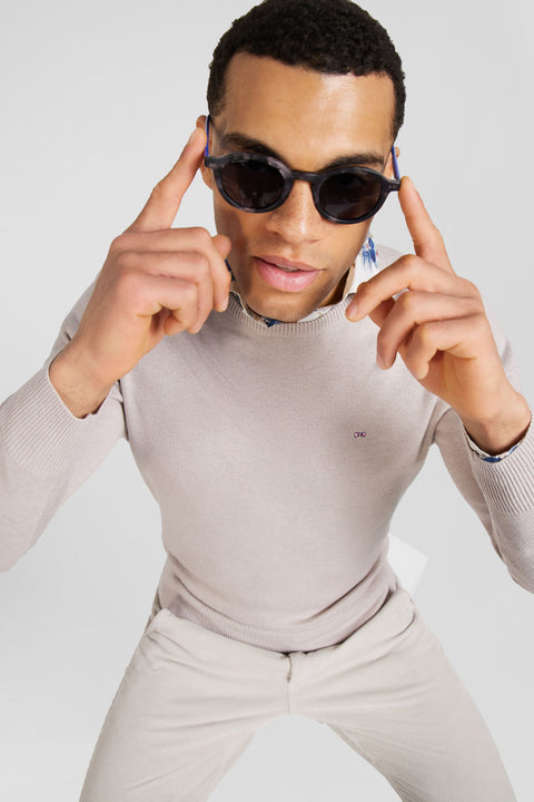 Regular beige wool and cotton crew neck jumper - Image 3