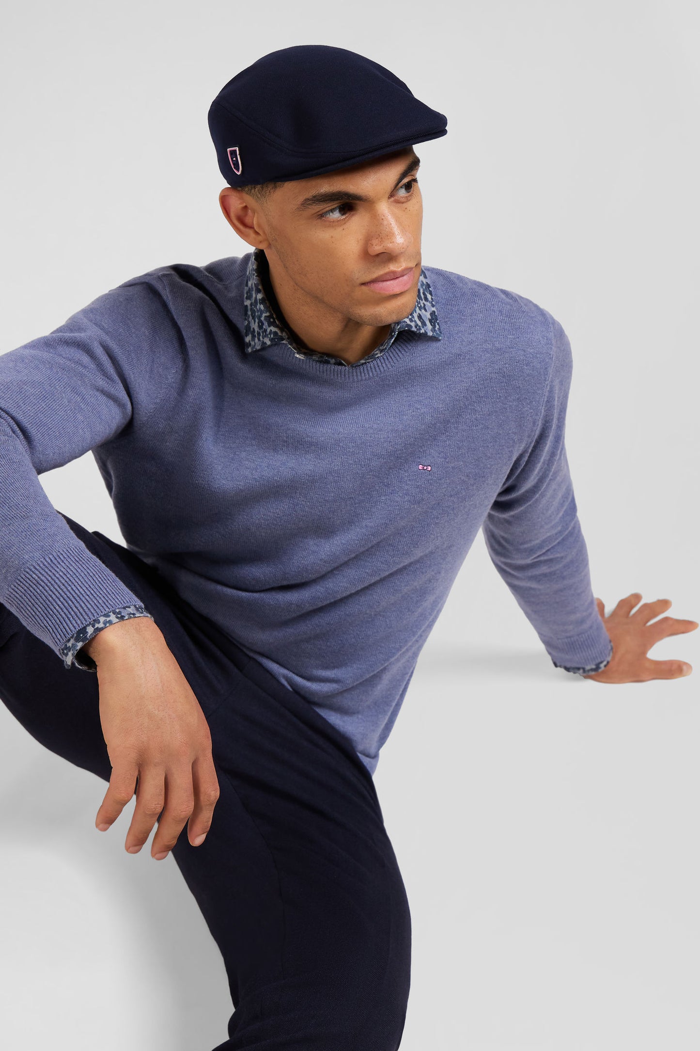 Regular light blue wool and cotton crew neck jumper